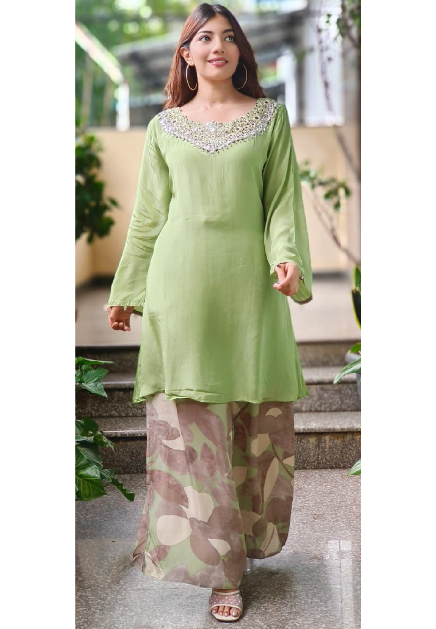 Heavy Handwork Crepe Kurta With Printed Palazzo Bottom