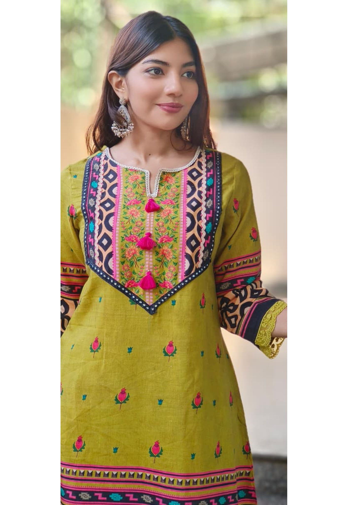Linen Sequenced Floral Print With Crosia Lace Kurta Loose Pant In Linen Fabric-10719