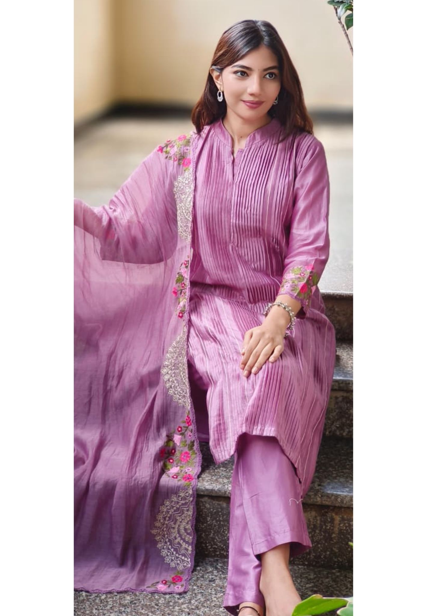 Petal Embroidered Lined Mandarin Collar Straight Full Suit Set With Dupatta In Pure Chanderi Fabric 107610 10762