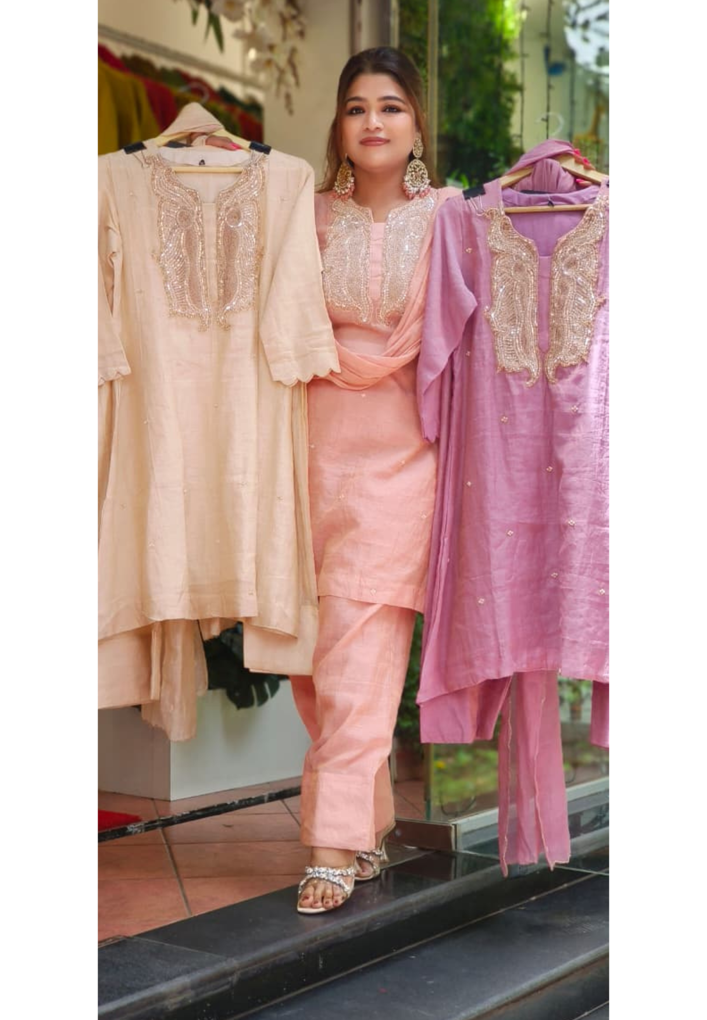 Beautiful Front Handwork Full Suit Set With Farsi Bottom & Dupatta In Mul Chanderi Fabric With Tissue Touch- 10765