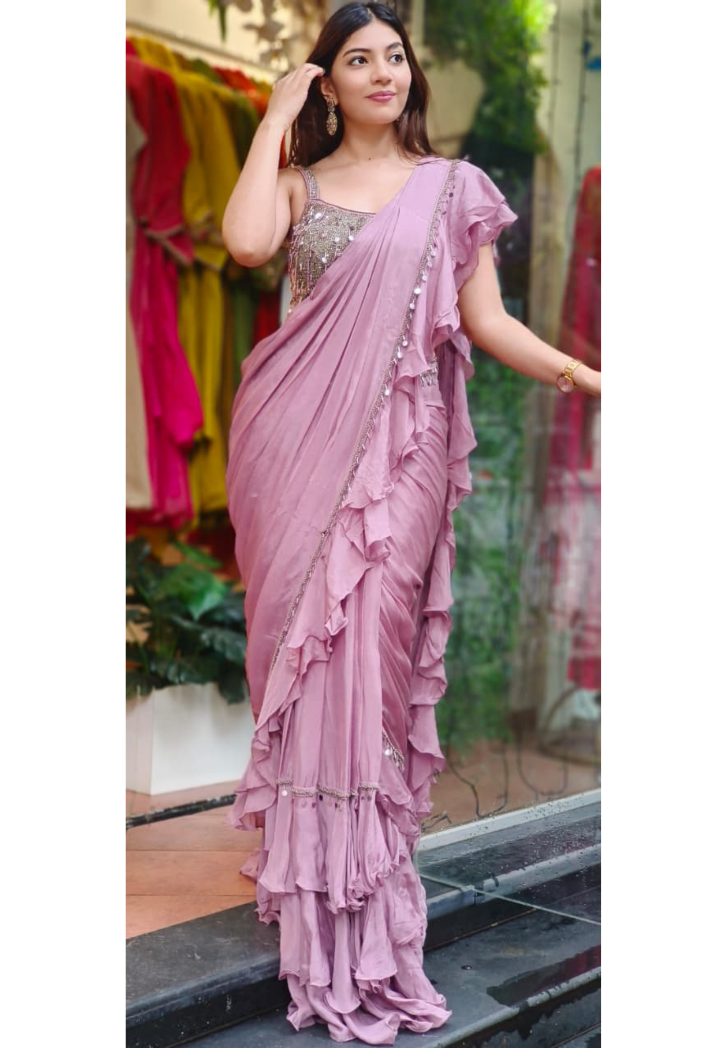 Heavy Handwork Blouse With Foil Hang Fully Ruffled Drape Saree