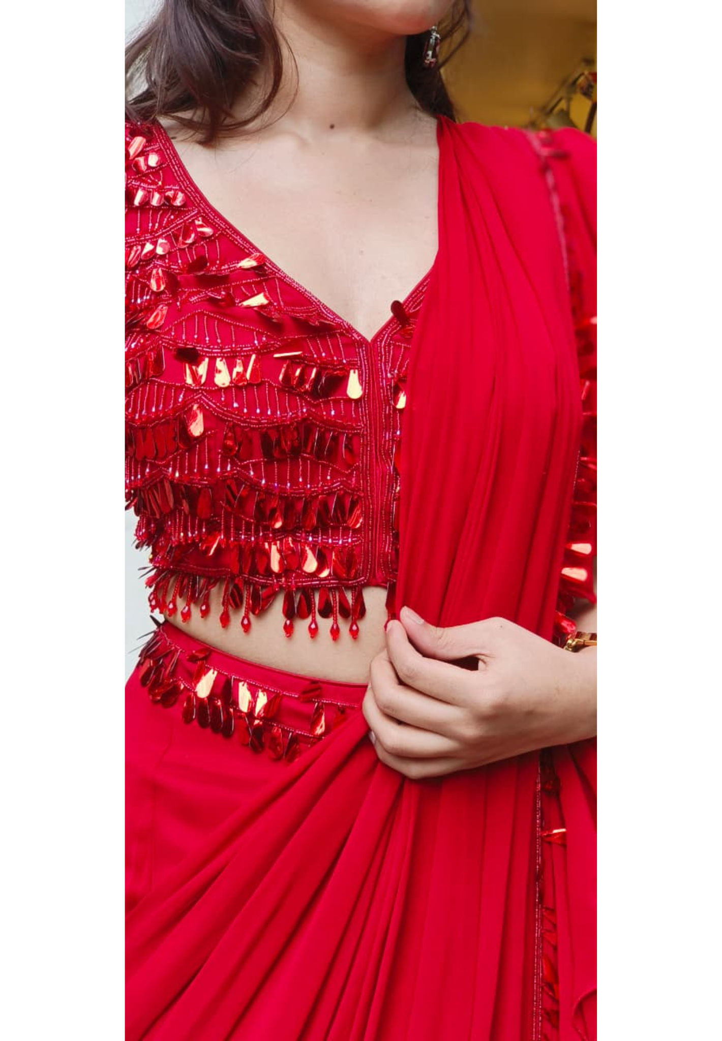 Hot Red Sequenced Handwork Crystal Hang Drape Ruffled Saree