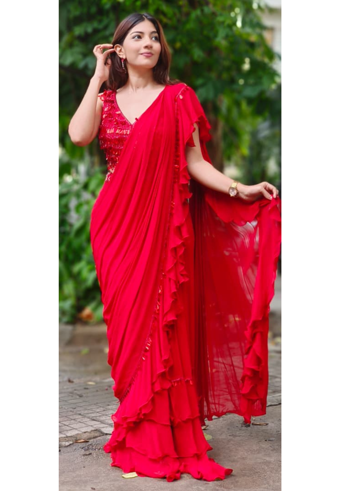Hot Red Sequenced Handwork Crystal Hang Drape Ruffled Saree
