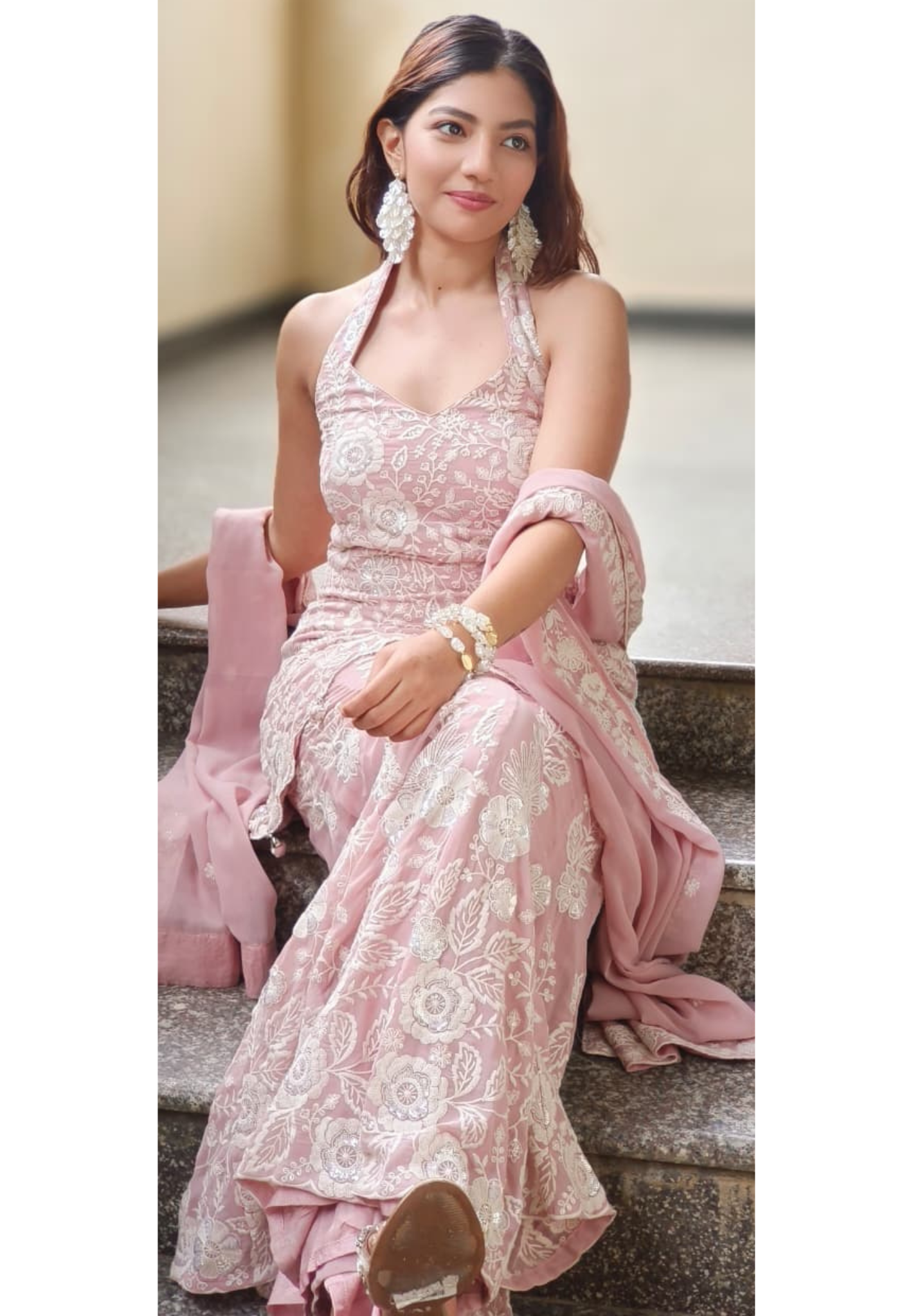 Rose Mist Luxe Embroidered Full Suit Set With Sleeveless Short Kurta & Tapered Palazzo(Dispatching After 25 Days On Orders)