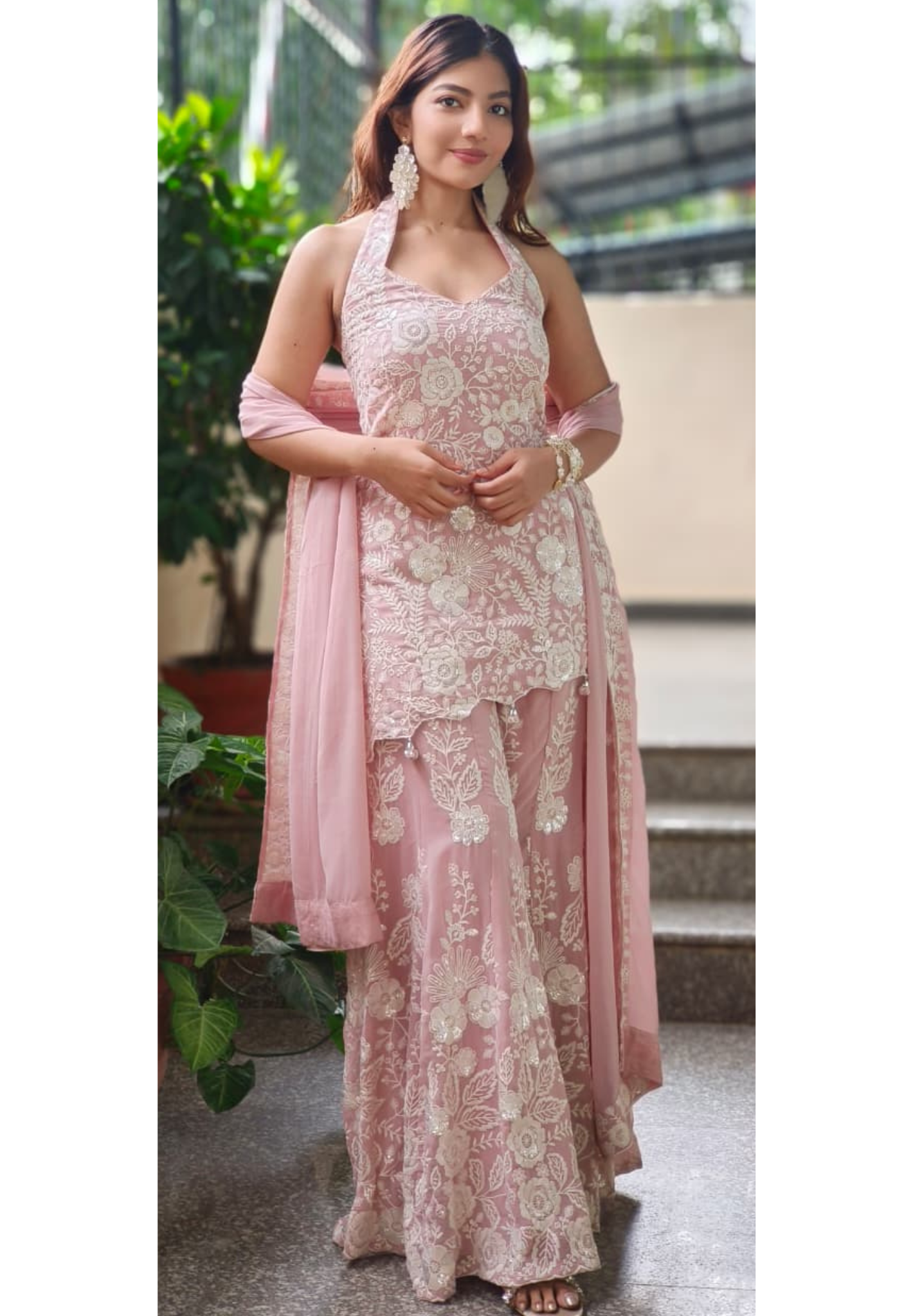 Rose Mist Luxe Embroidered Full Suit Set With Sleeveless Short Kurta & Tapered Palazzo(Dispatching After 25 Days On Orders)