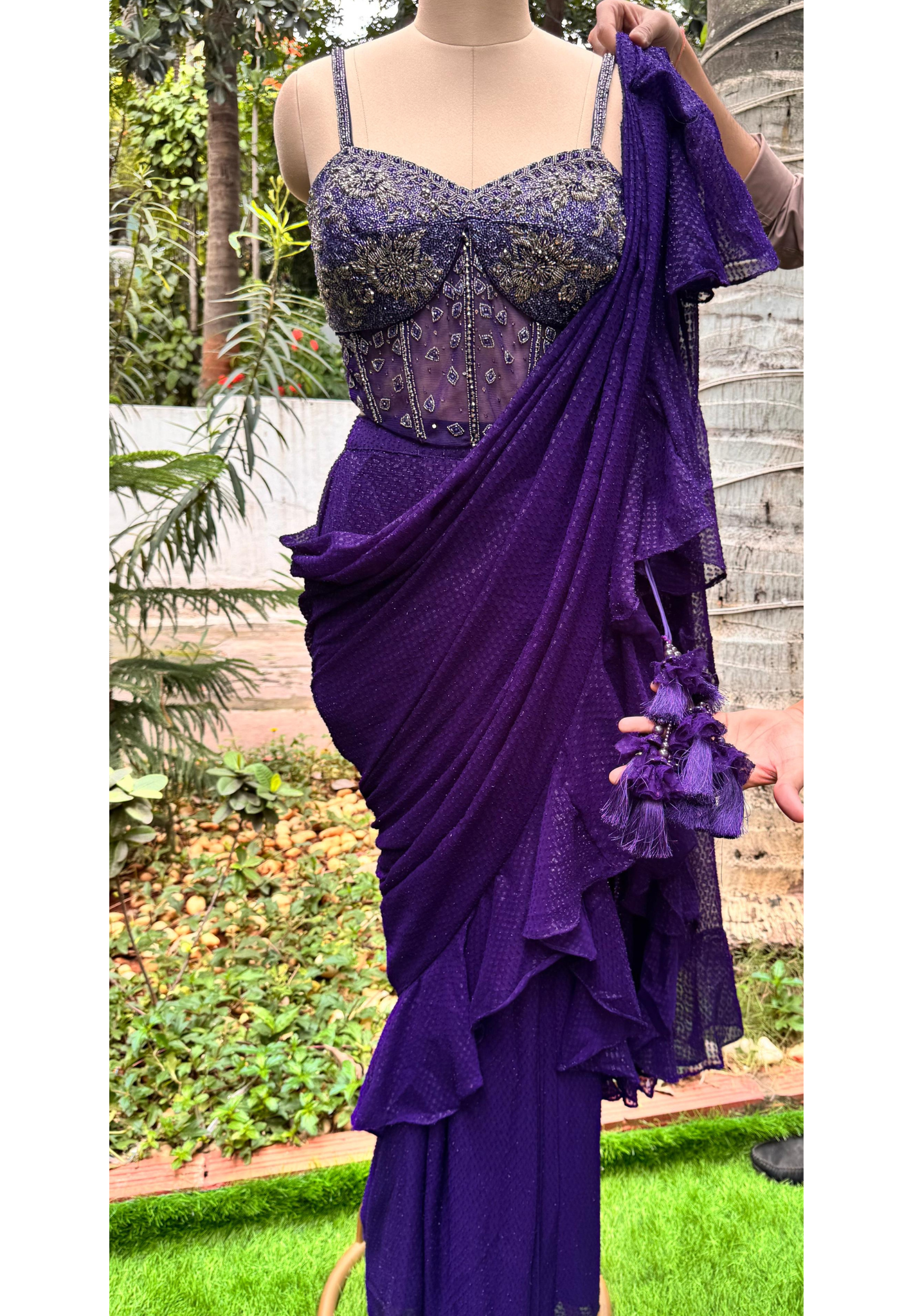 Tassel Charm Vibrant Ruffled Drape Saree With Designer Cut Dana Crystallex Blouse