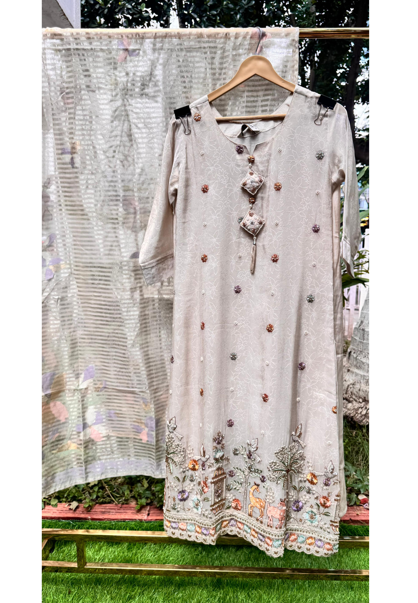 Ivory Meadow Garden & Figures Embroidered Handcrafted Full Suit Set With Dupatta In Tissue Fabric