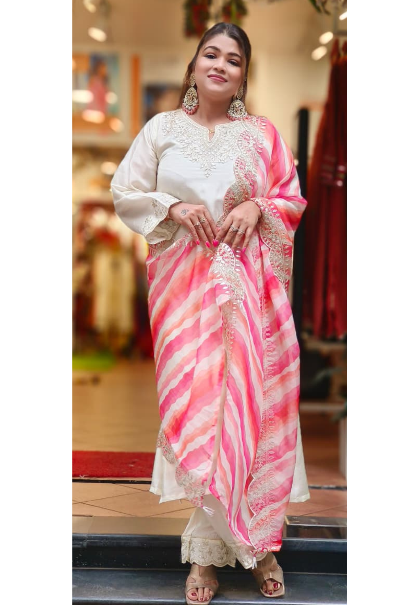 Elegant Look Zardosi Full Suit Set With Leheriya Dupatta In Russian Silk Fabric-10841