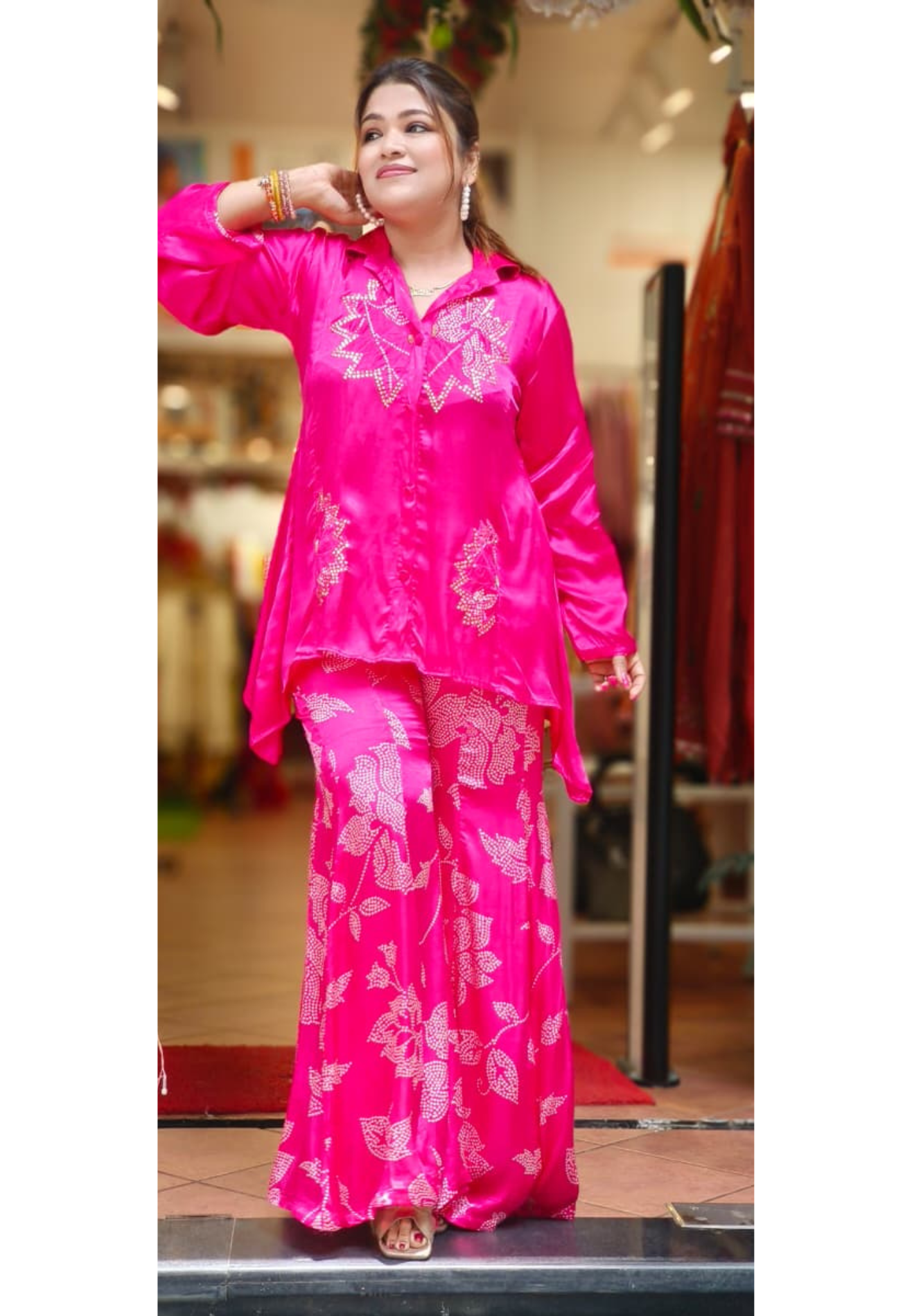 Zehra Pink Embellished Co-ord With Collared High-Low Kurta & Tapered Palazzo Bottom In Gajji Silk Fabric-10839