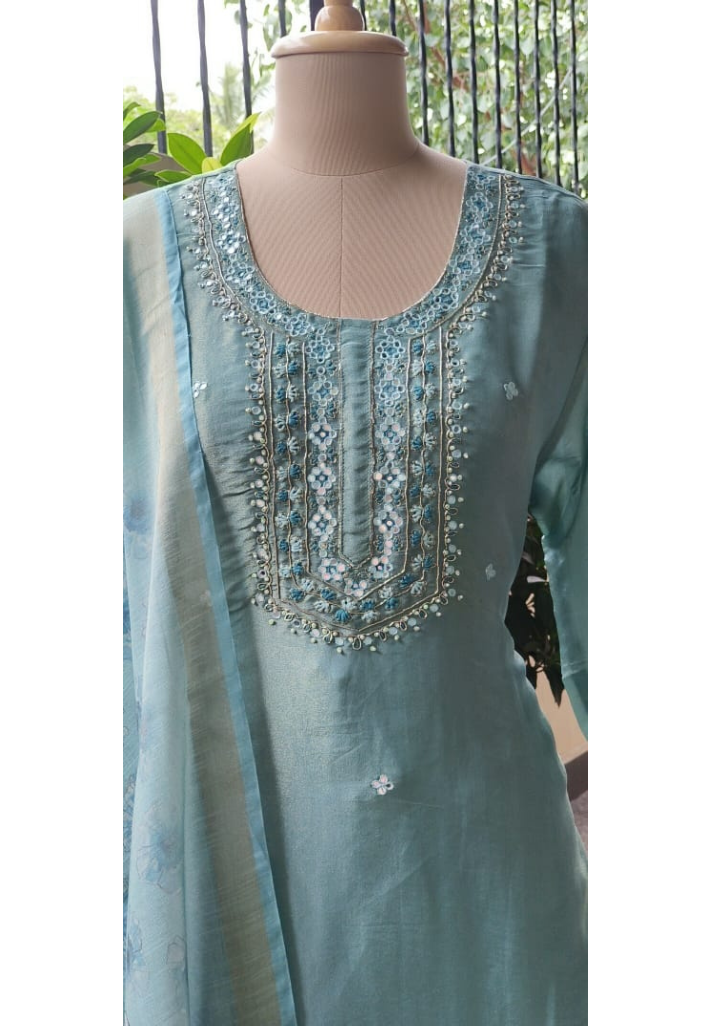 Thread & Mirror Work Embroidery Tissue Full Suit Set With Floral Printed Dupatta- 10981