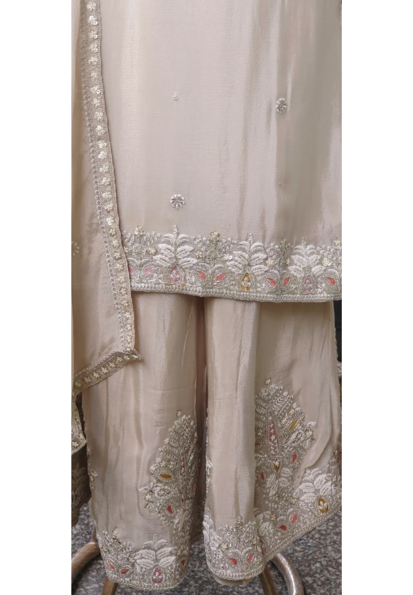 Elegant Soft Handwork Full Suit Set With Dupatta & Embroidered Panel Palazzo Bottom In Chinon Fabric-11010
