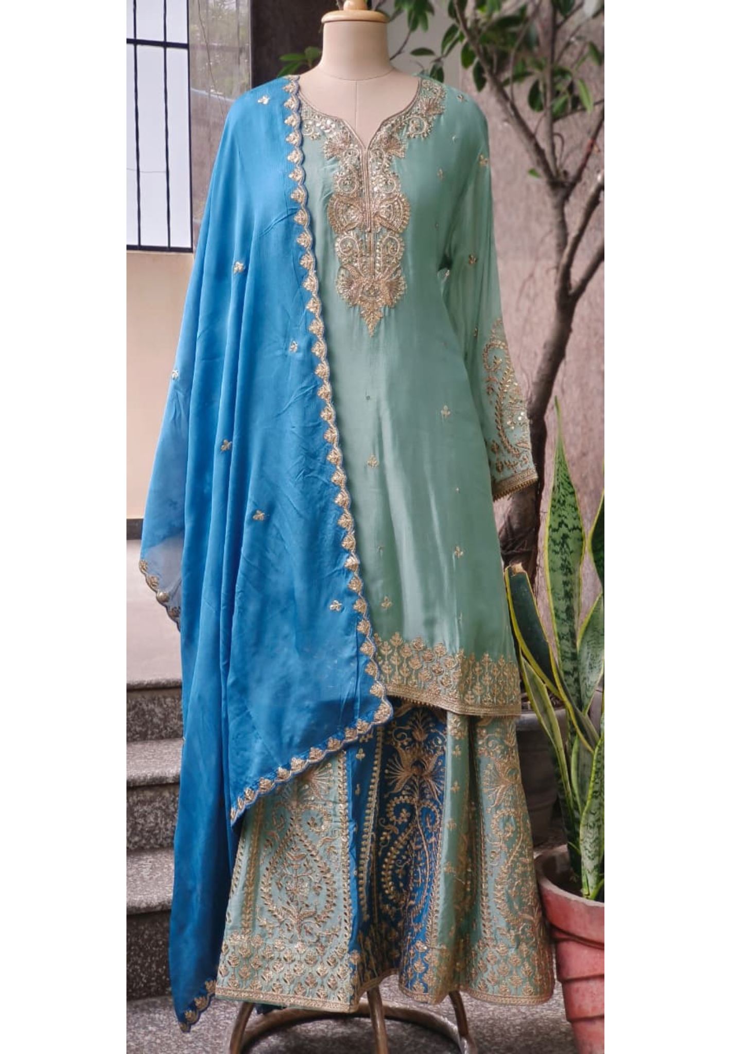Sunheri Handwork Chinon Full Suit Set With Dupatta & Heavily Worked Panel Skirt Bottom In Dual Shade- 11009