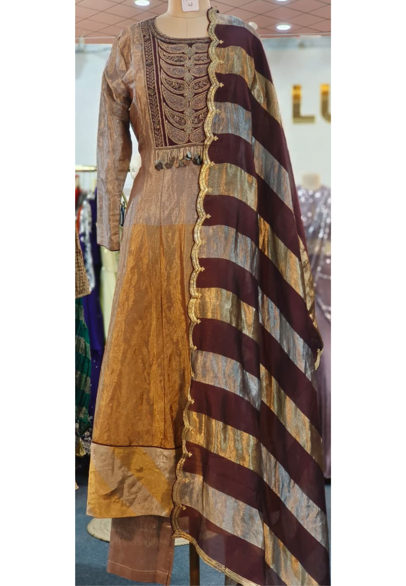 Royal Zardosi Charm Embellished Foil Hang Anarkali Full Suit Set With Dupatta In Tissue Fabric- 11073