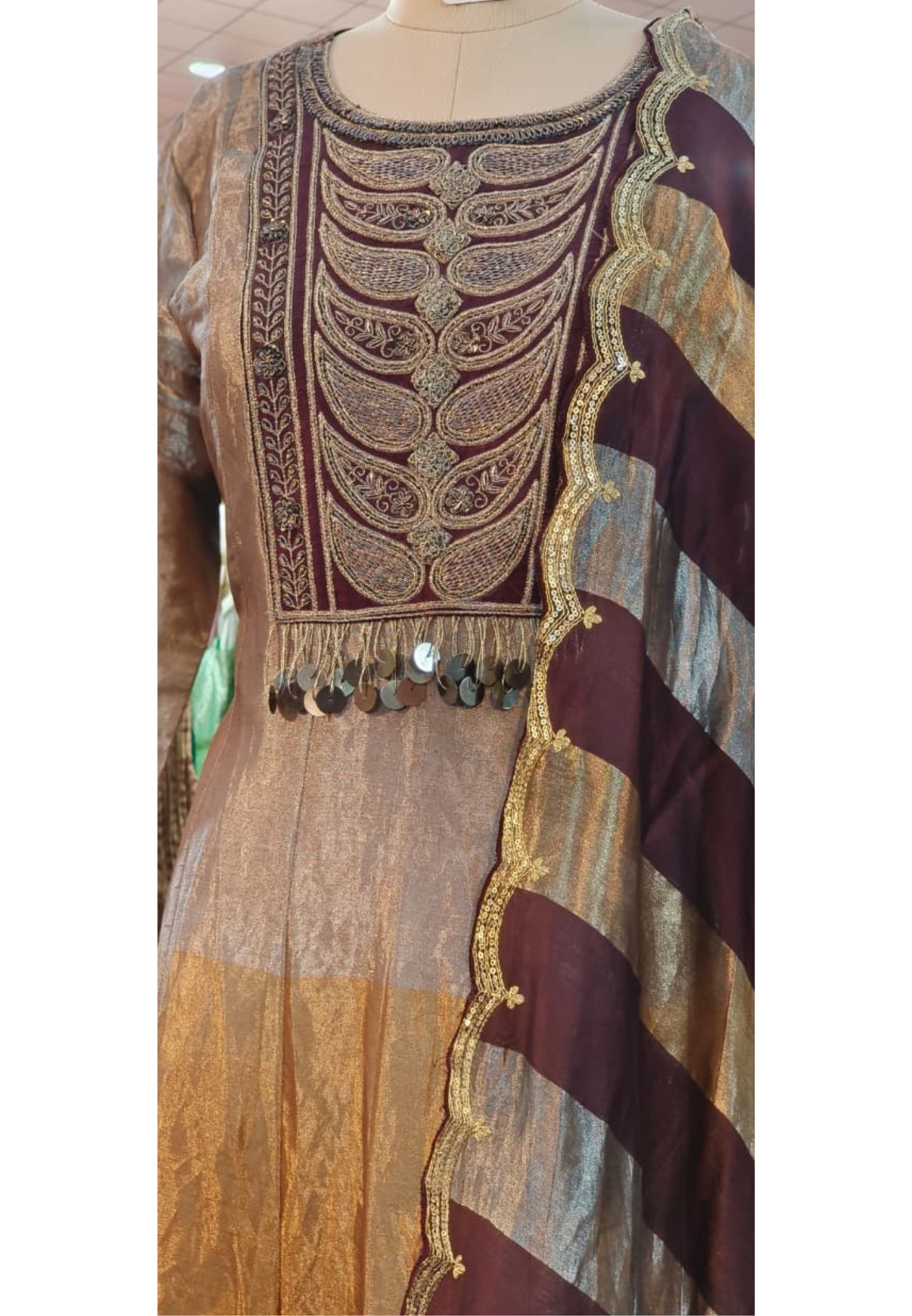 Royal Zardosi Charm Embellished Foil Hang Anarkali Full Suit Set With Dupatta In Tissue Fabric- 11073