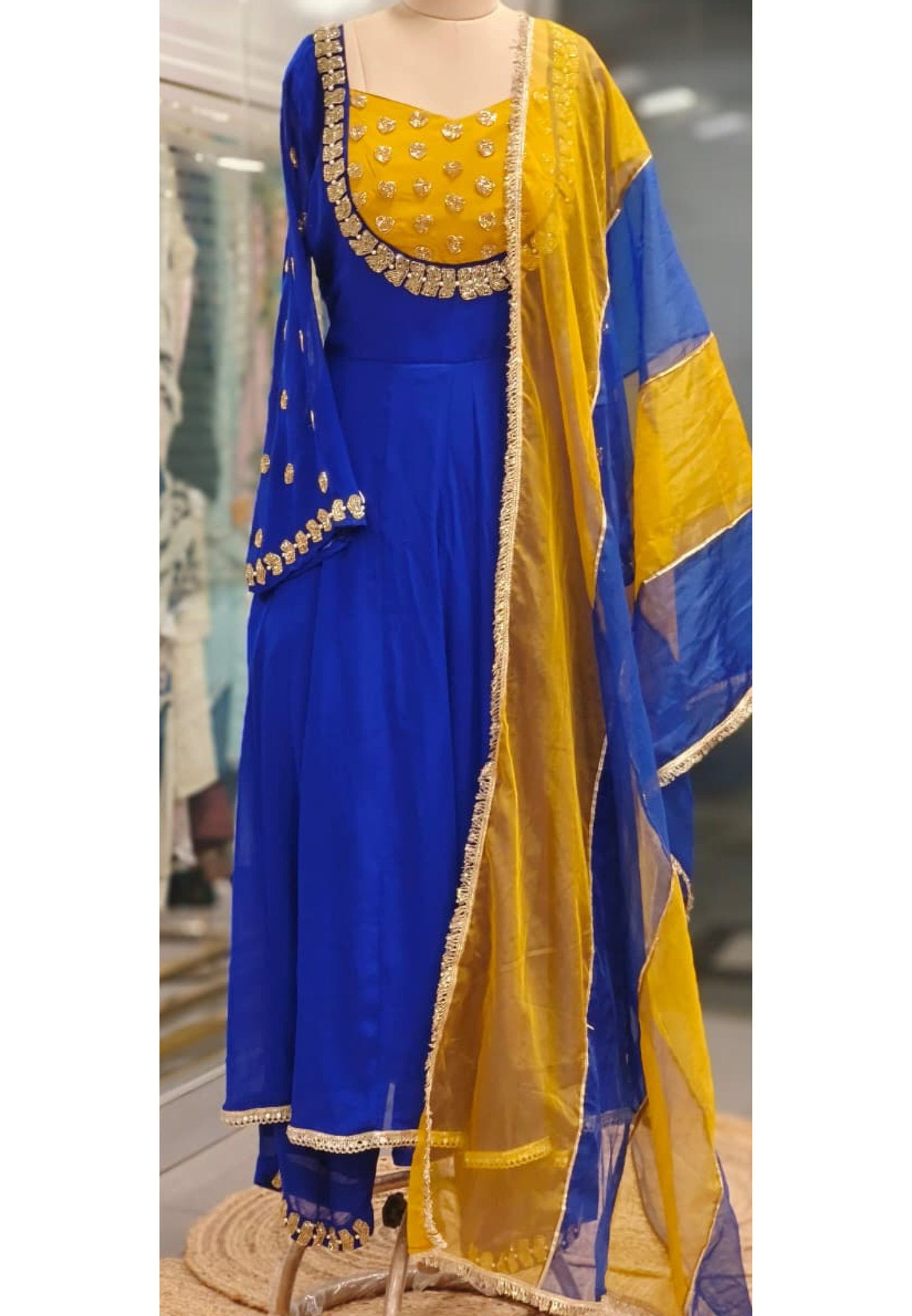 Royal Combination Blue Yellow Zardosi Handwork Anarkali Full Suit Set With Dupatta