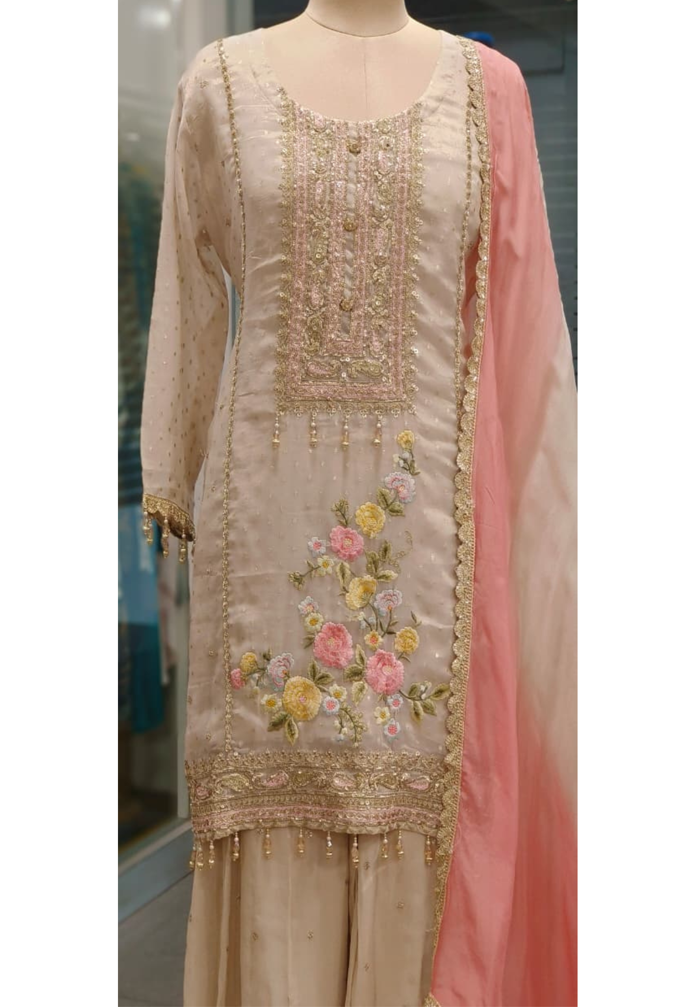 Zardosi Placement Floral Work Elegant Piece Sharara Full Suit Set With Contrast Dupatta In Tissue Fabric- 10846