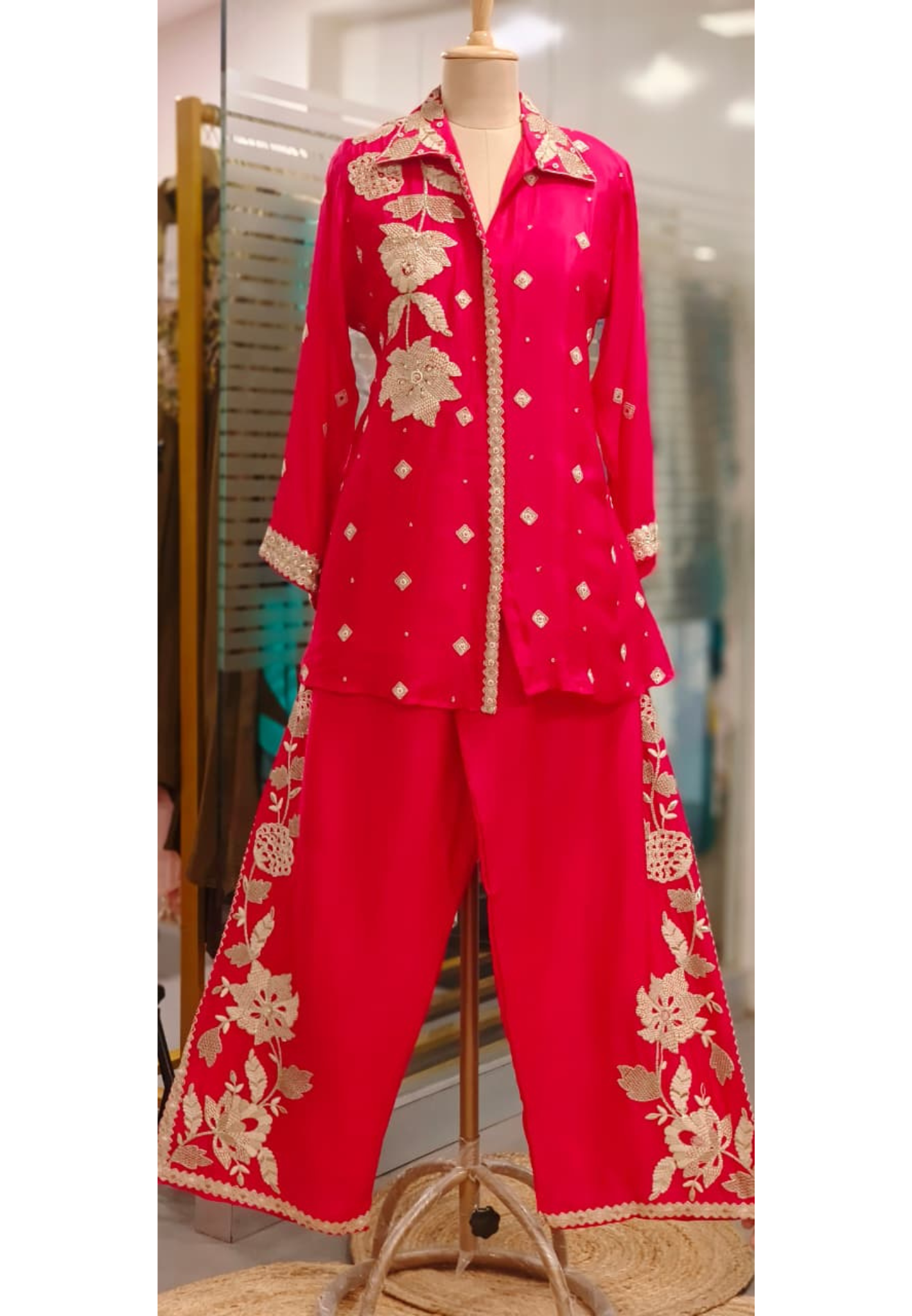 Radiant Glow Golden Bloom Floral Thread Embroidered Co-Ord Set In Chinon Fabric- 11200