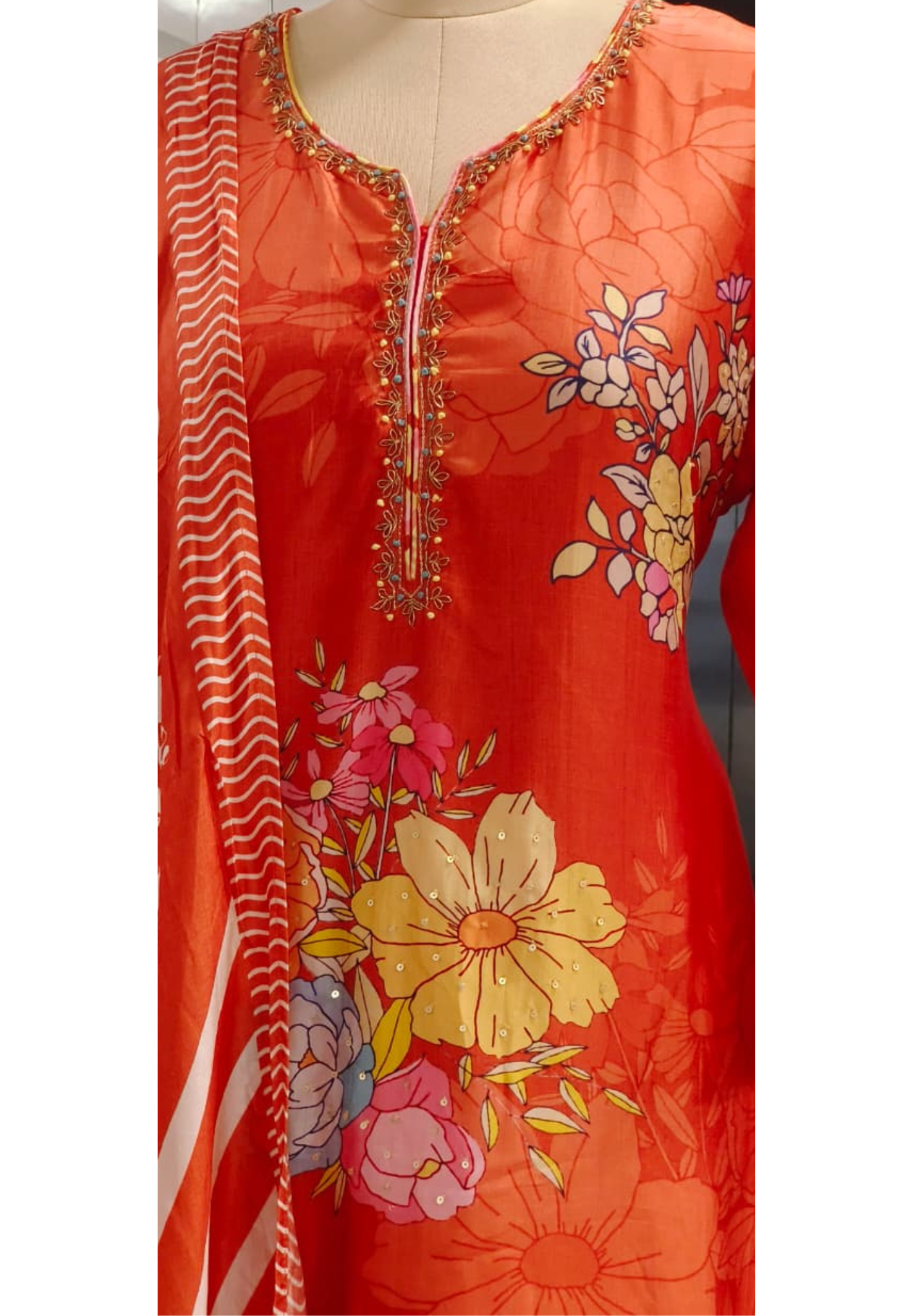 Flower Printed With Minimal Neck Work Sunset Full Suit Set With Dupatta- 11188