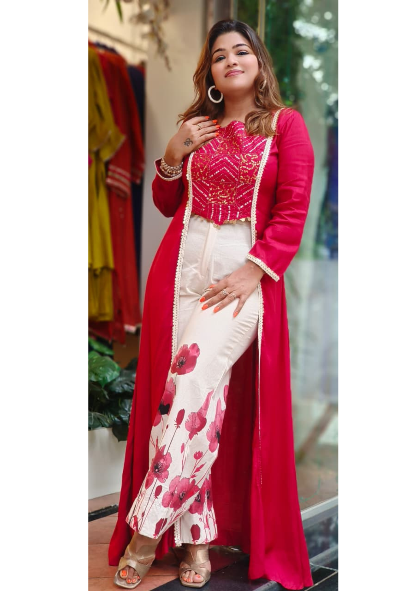 Foil Work With Tassel Buster With Shrug Look Long Kurta With Floral Printed Bottom In Slub Cotton Fabric-11034,11035