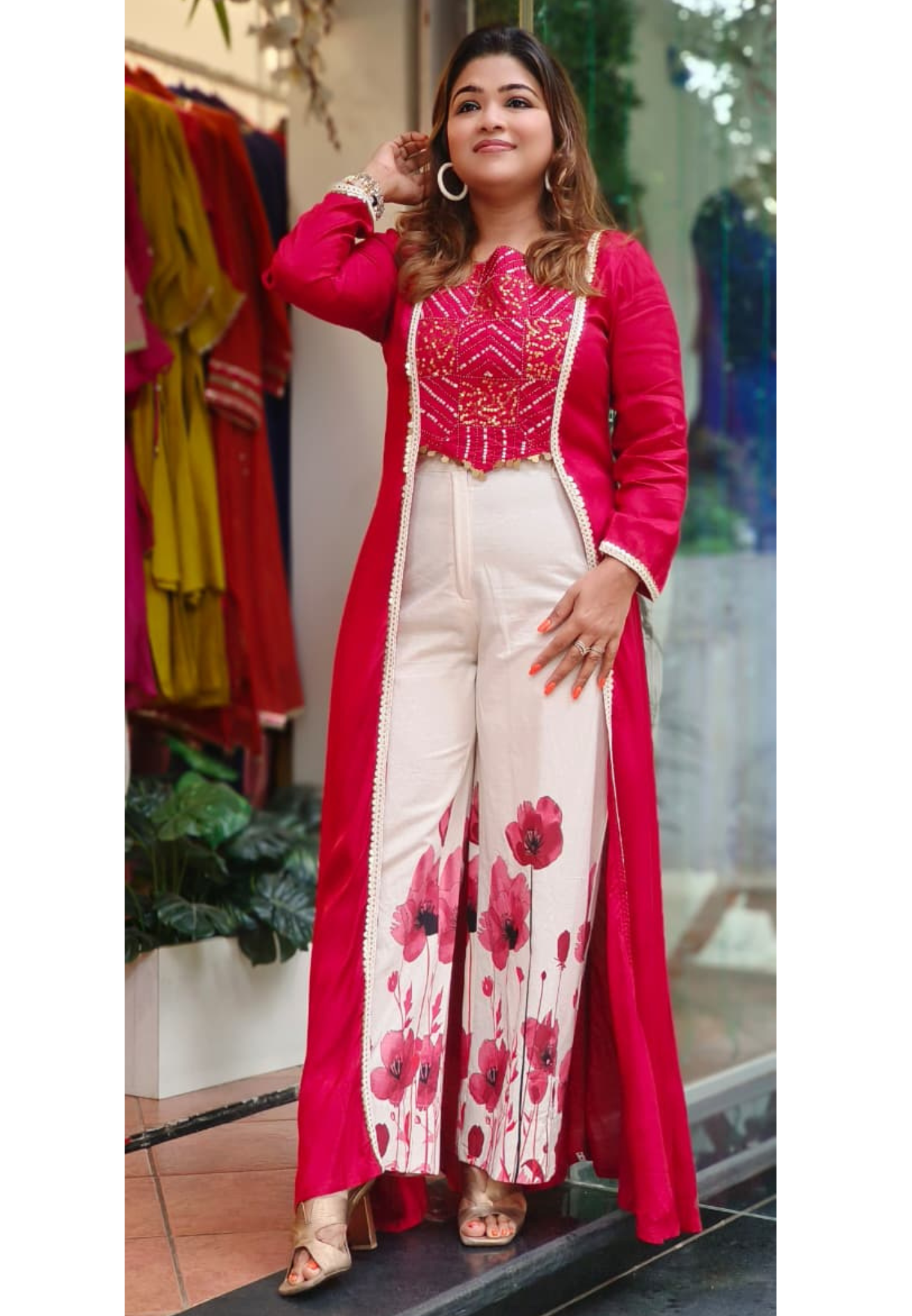 Foil Work With Tassel Buster With Shrug Look Long Kurta With Floral Printed Bottom In Slub Cotton Fabric-11034,11035