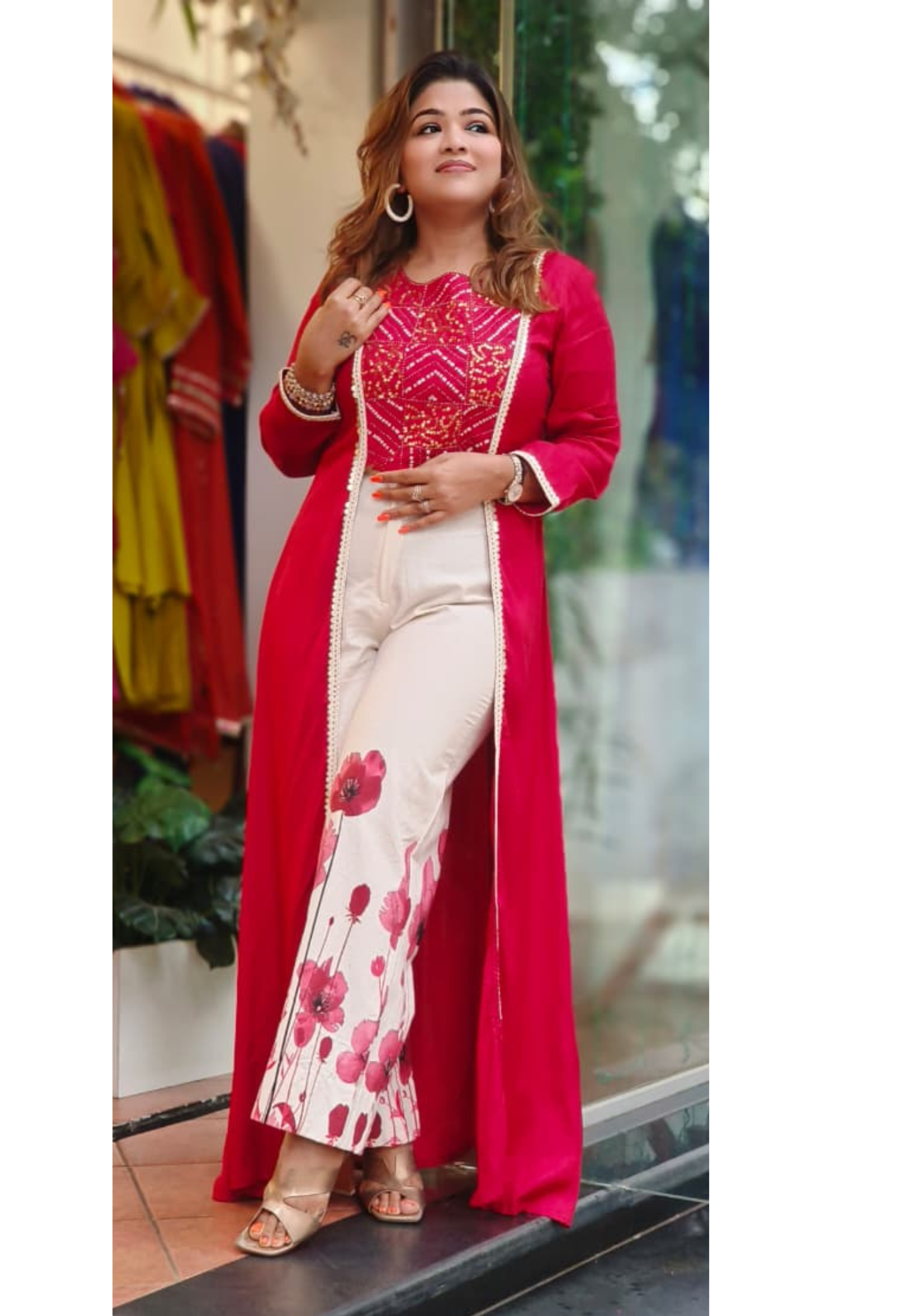 Foil Work With Tassel Buster With Shrug Look Long Kurta With Floral Printed Bottom In Slub Cotton Fabric-11034,11035