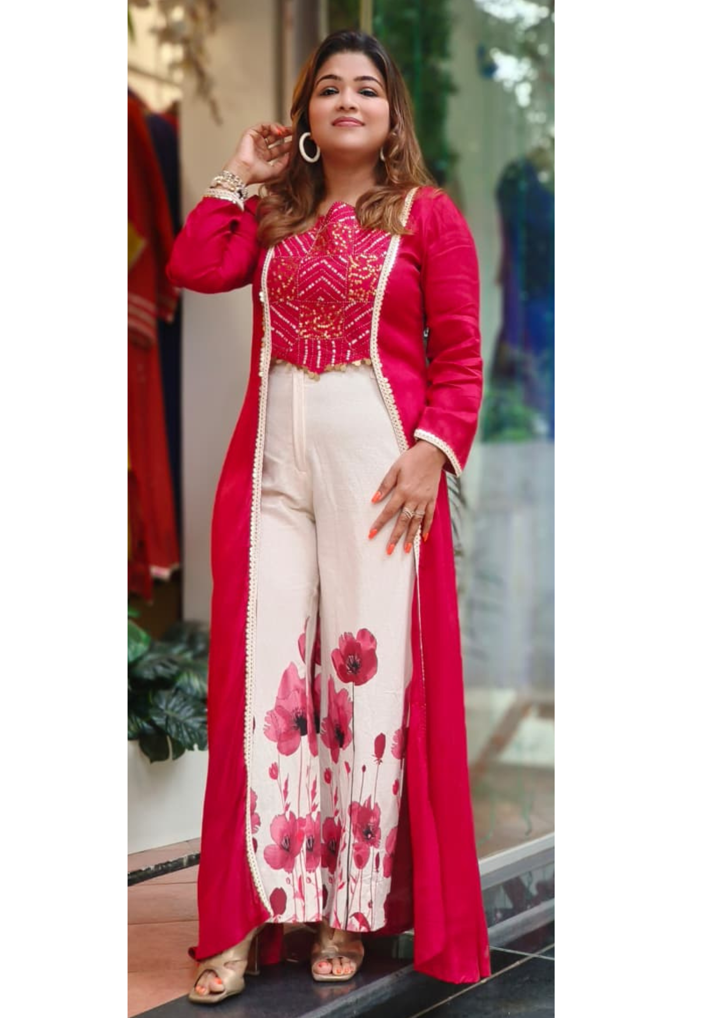 Foil Work With Tassel Buster With Shrug Look Long Kurta With Floral Printed Bottom In Slub Cotton Fabric-11034,11035