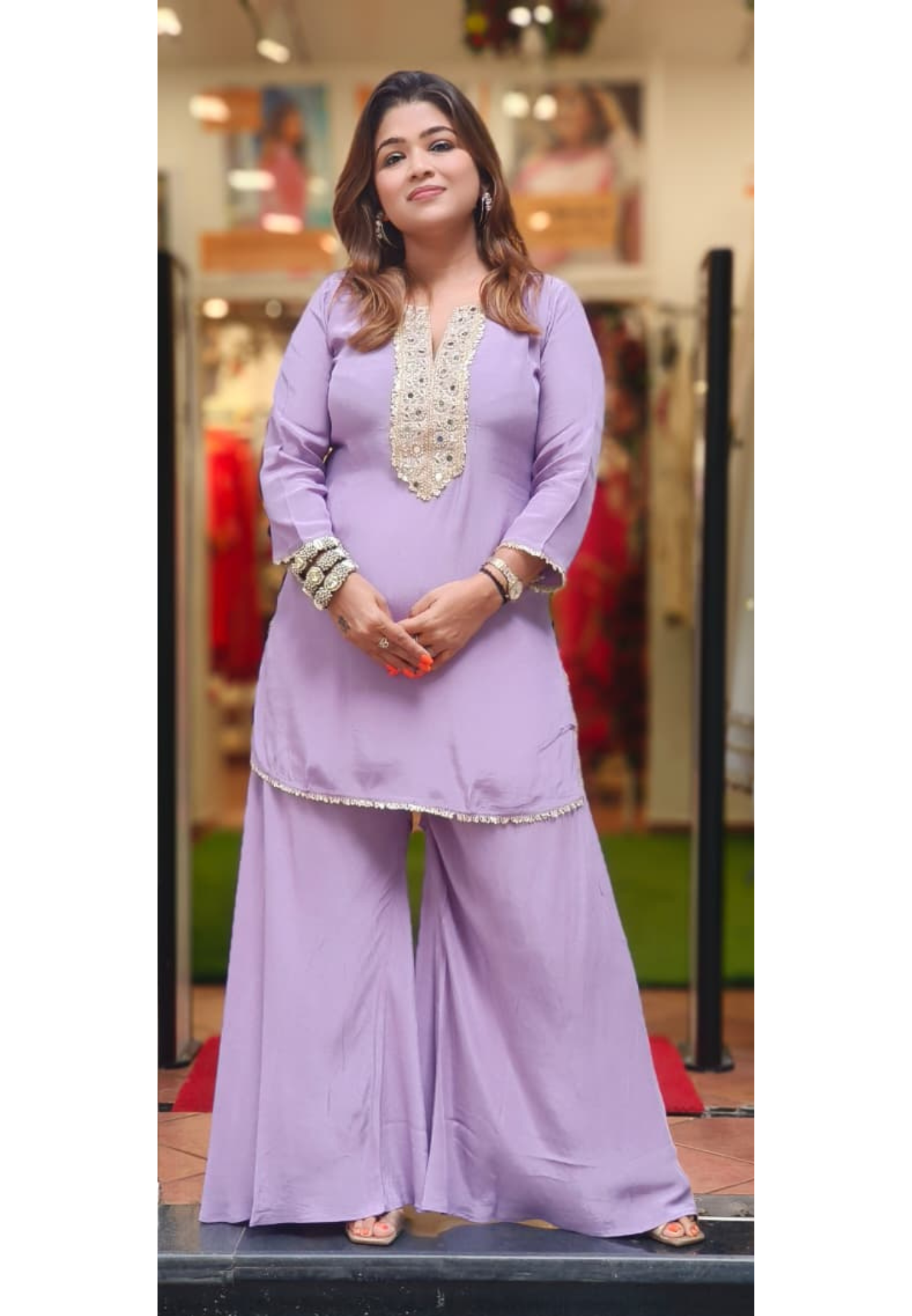 Real Mirror Lavender Grace Kurta With Loose Palazzo Bottom Set In Linen Crepe Fabric- 11674, 11673