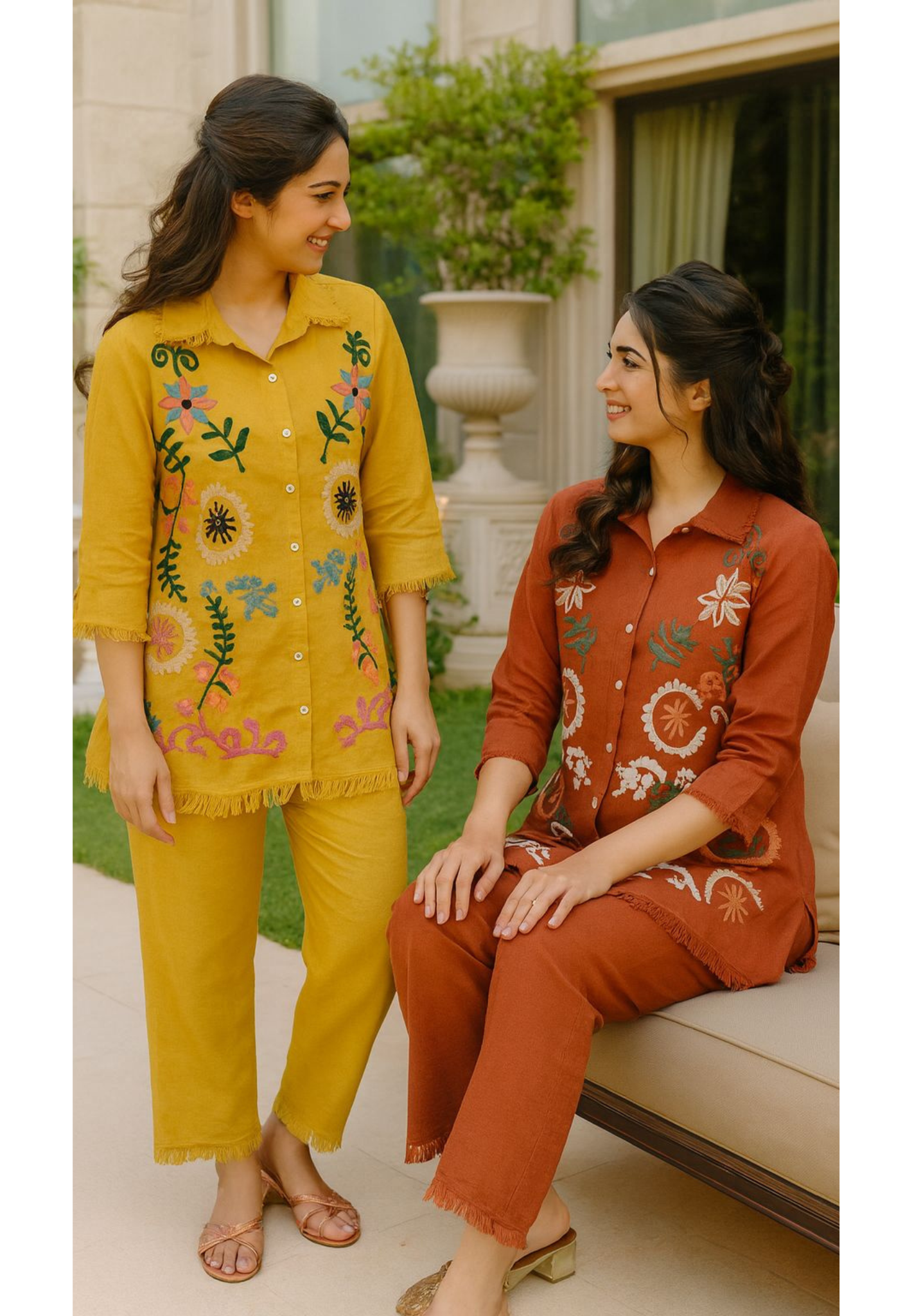 Complete Floral Thread Embroidered Collared Co-Ord Set-11189,11190