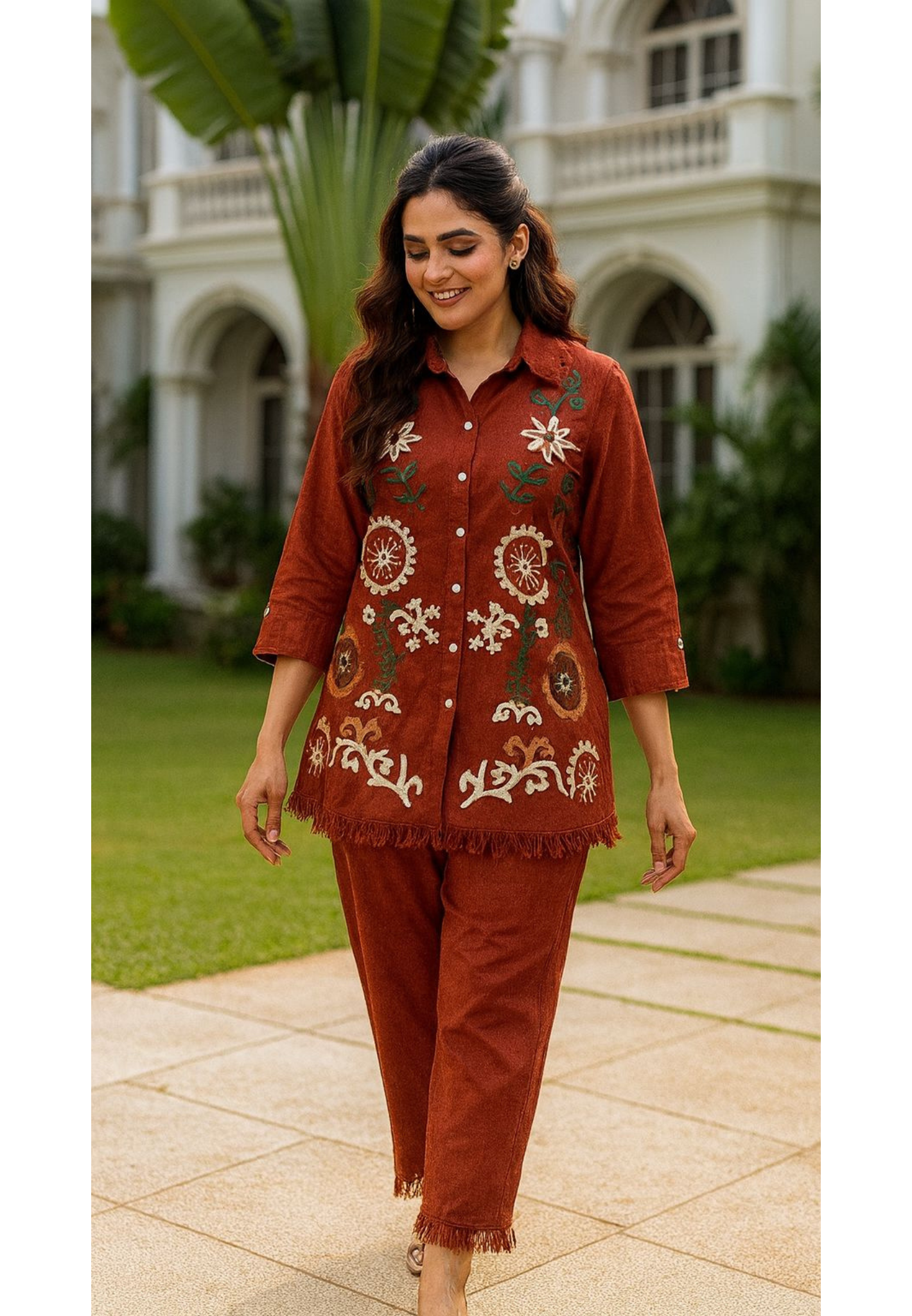 Complete Floral Thread Embroidered Collared Co-Ord Set-11189,11190