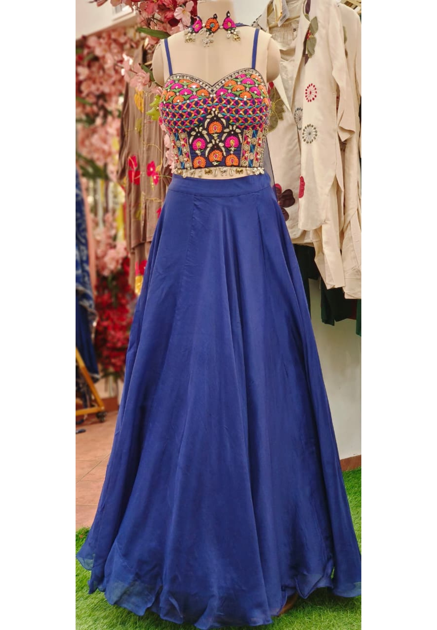 Royal Blue Flared Skirt & Multicolour Embroidered Crop Top With Choker Dupatta Set