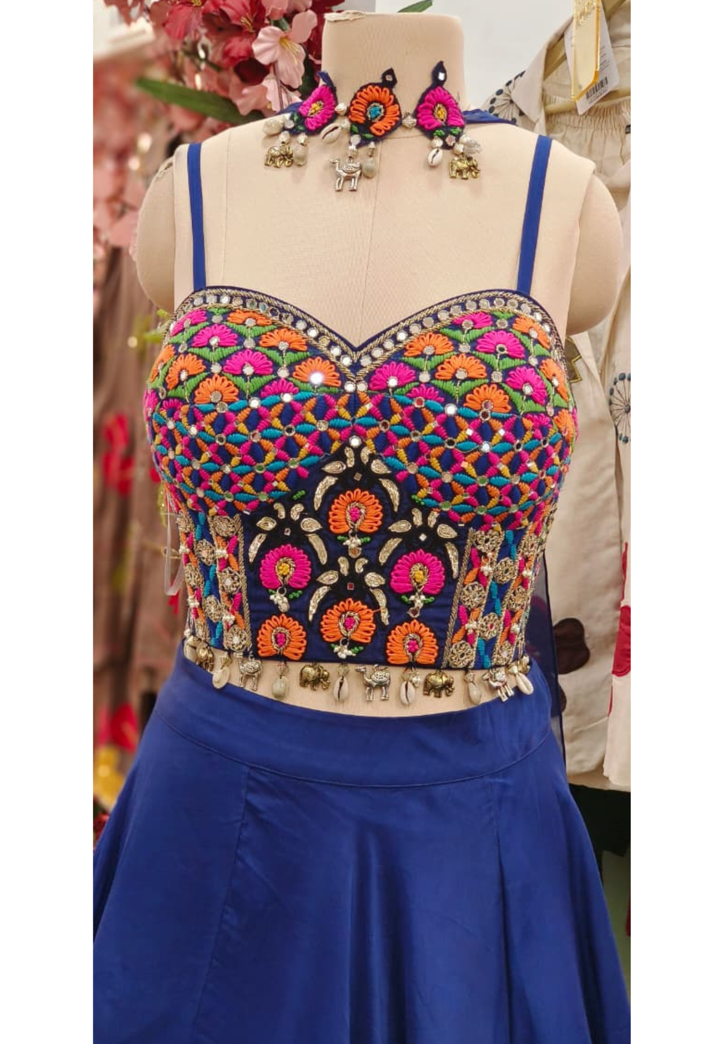 Royal Blue Flared Skirt & Multicolour Embroidered Crop Top With Choker Dupatta Set