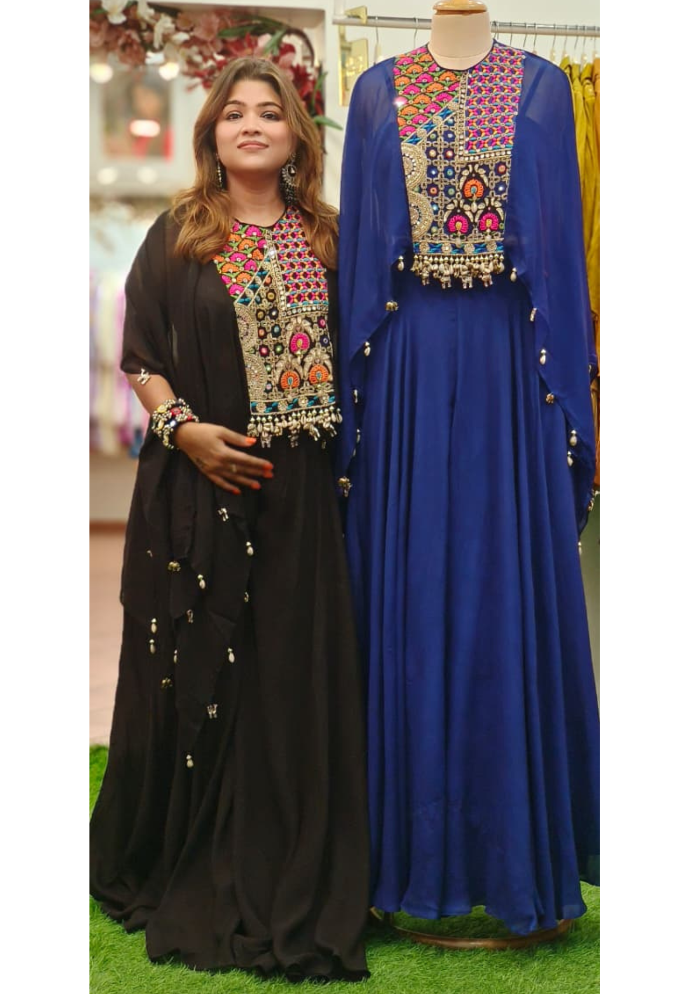 Elegant Black & Royal Blue Hand-Embroidered Mirror & Thread Work Yoke Georgette Designer Bustier with Palazzo & Embroidered Cape-Style Overlay