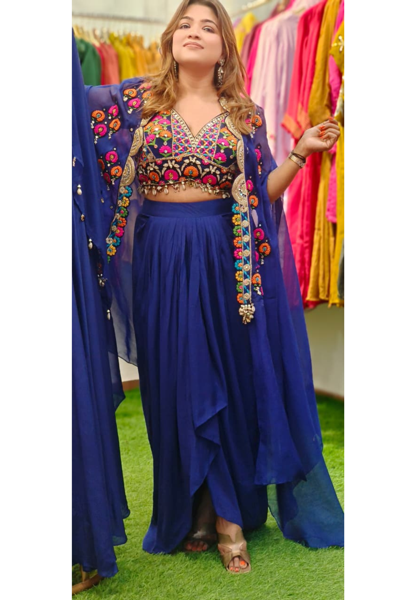 Royal Blue Crepe Skirt Set with Hand-Embroidered Multicolor Mirror Work Bustier & Flowing Embroidered Jacket