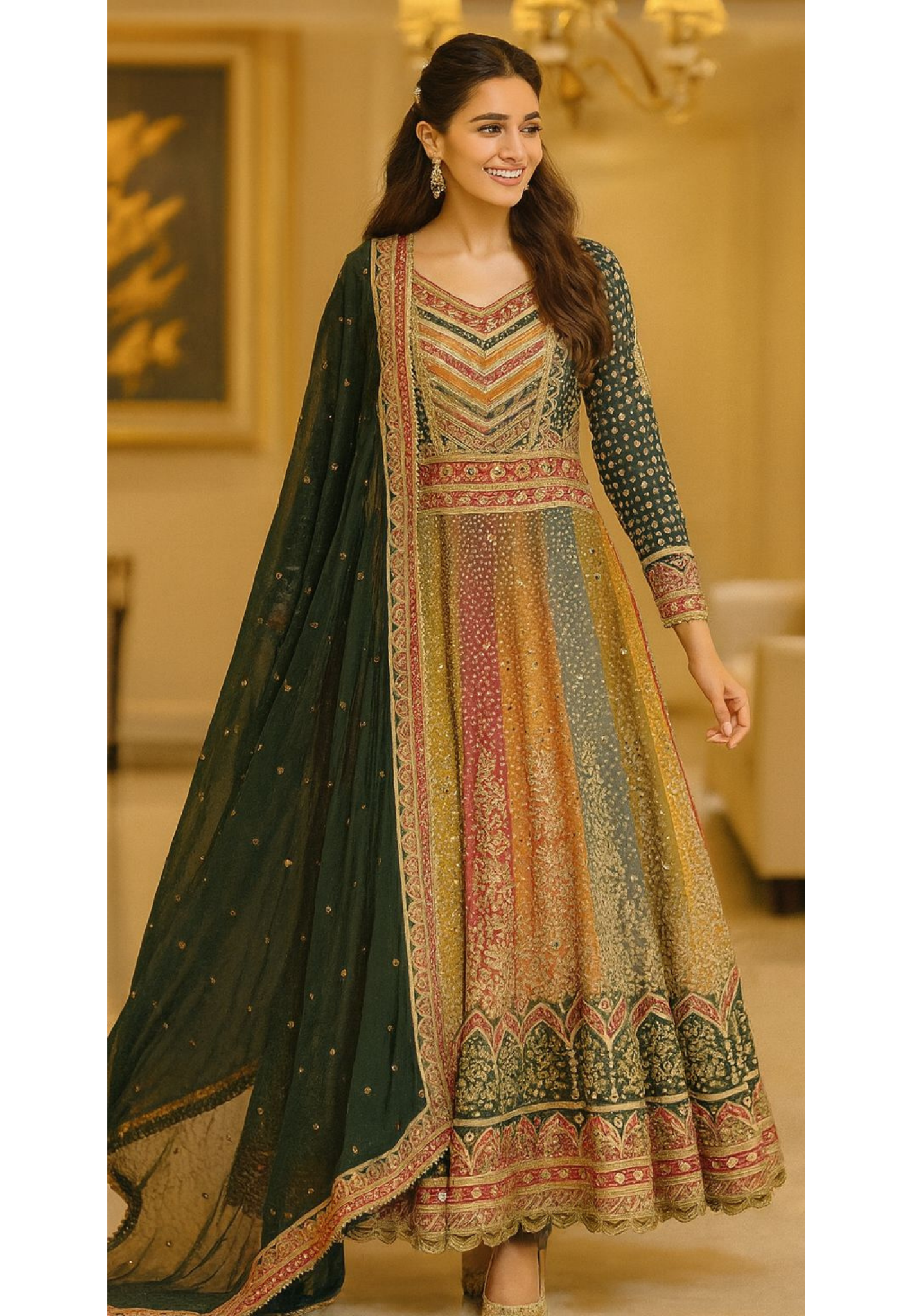 Multi Color Blend Real Mirror Elegance Flared Panel Anarkali Suit With Dupatta In Crepe Fabric(Cane-Cane Inside)