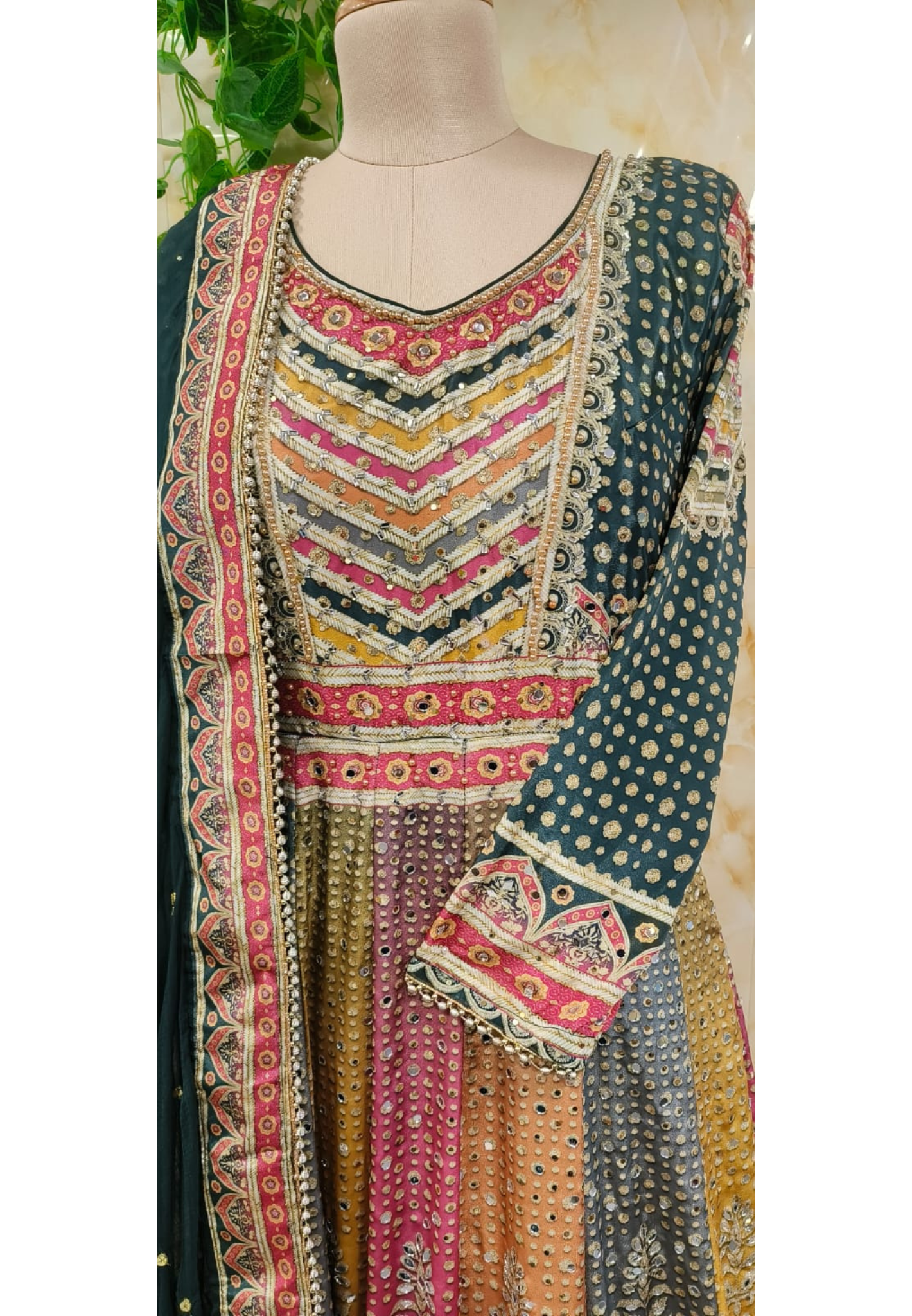 Multi Color Blend Real Mirror Elegance Flared Panel Anarkali Suit With Dupatta In Crepe Fabric(Cane-Cane Inside)