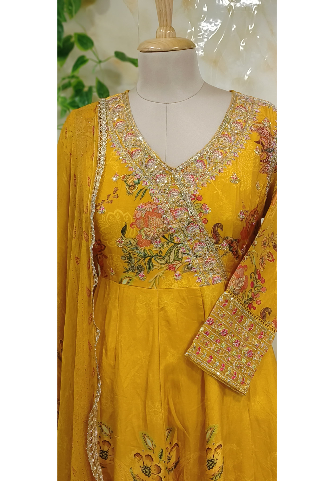 Bordered Angrakha Floral Printed Silk Anarkali Suit With Dupatta (No Bottom)