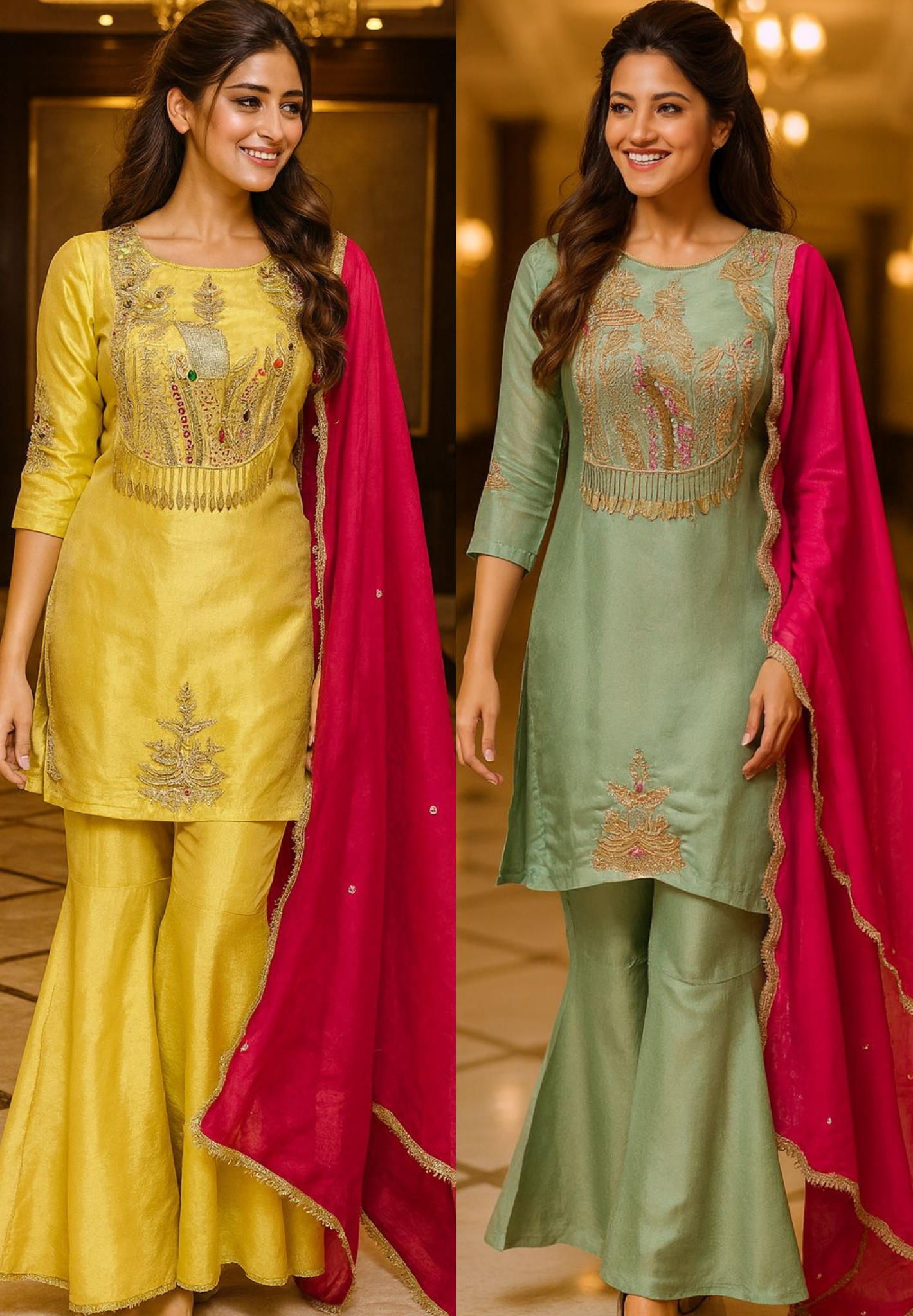 Bead & Stone Embellishments Leafy Tasseled Sunshine Charm Full Suit Set With Dupatta & Tapered Palazzo In Shimmer Tissue Fabric-11434,11435