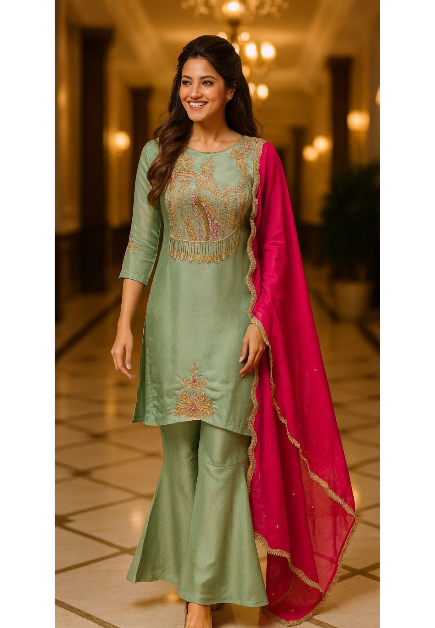 Bead & Stone Embellishments Leafy Tasseled Sunshine Charm Full Suit Set With Dupatta & Tapered Palazzo In Shimmer Tissue Fabric-11434,11435