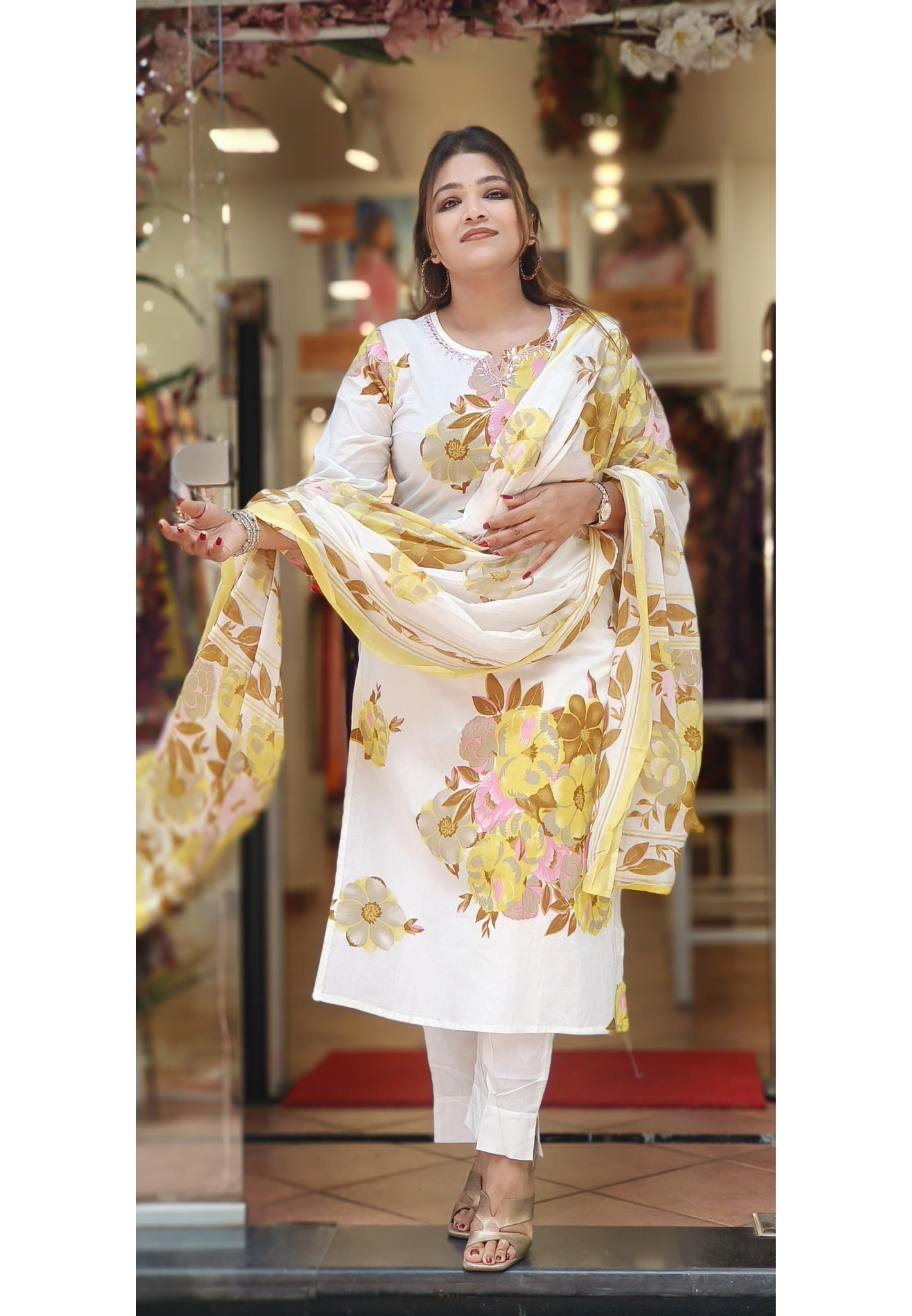 Floral Printed Mustard Elegance Cotton Full Suit With Dupatta