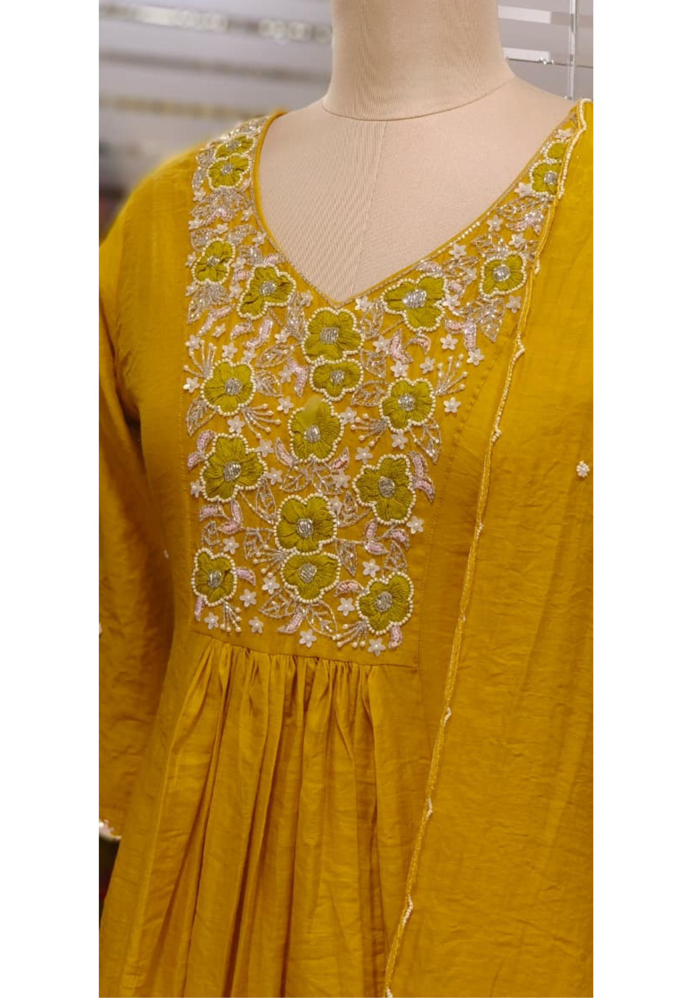 Sunshine Glow Floral Thread Embroidered Surat Mul Chanderi A-Line Full Suit Set With Dupatta