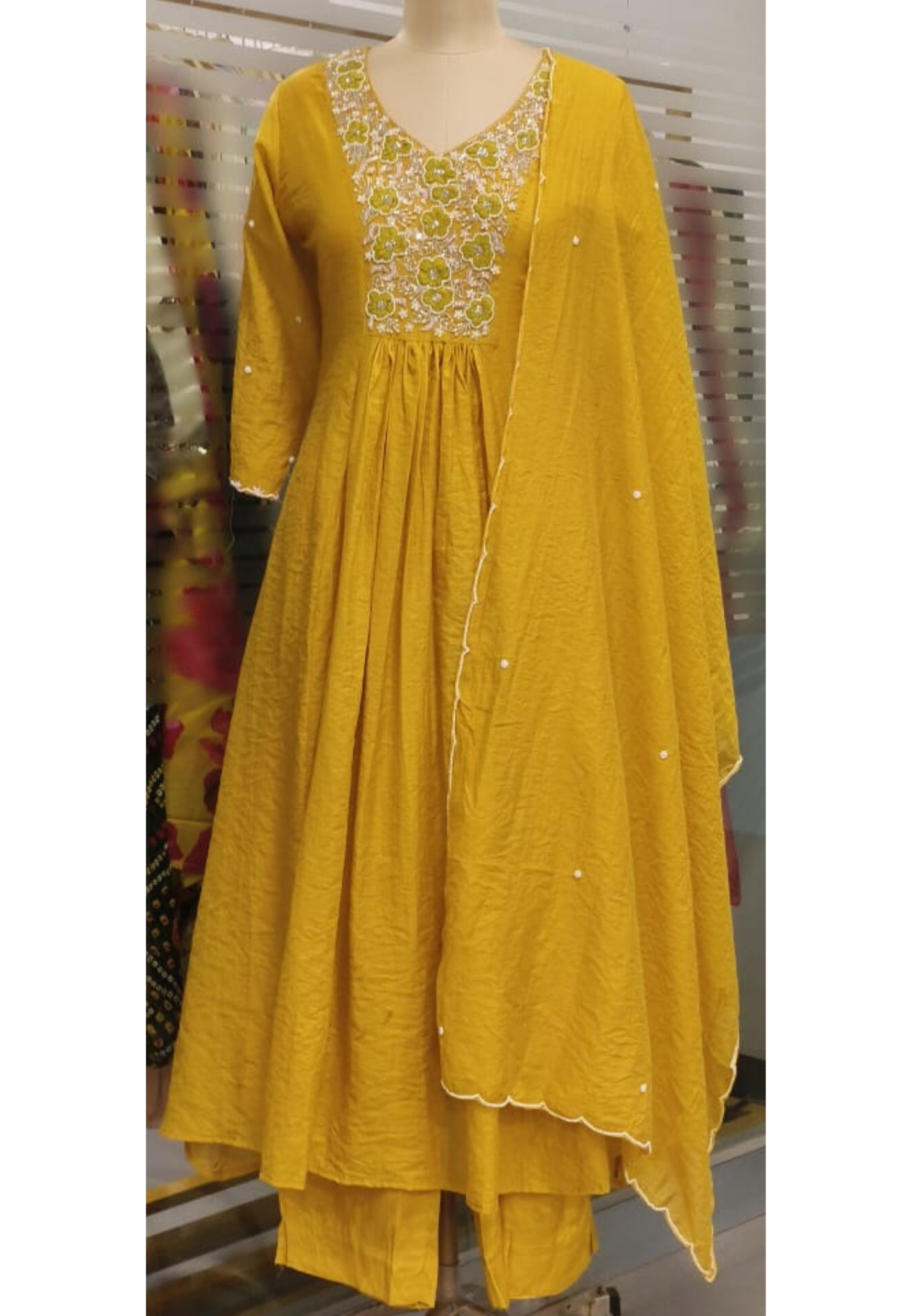 Sunshine Glow Floral Thread Embroidered Surat Mul Chanderi A-Line Full Suit Set With Dupatta