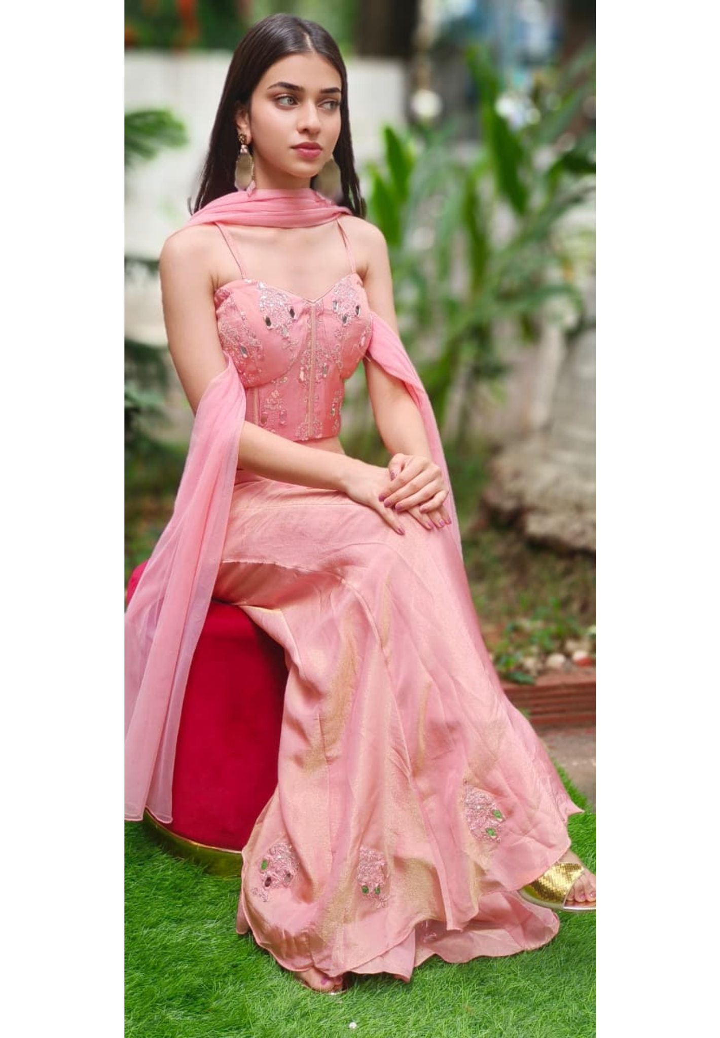 Gleam Blossom Real Mirror Elegance Sleeveless Bustered Top With Panel Loose Palazzo Bottom & Dupatta In Tissue Fabric(DISPATCHING AFTER 25 DAYS ON ORDERS EXCEPT FOR 38 SIZE)