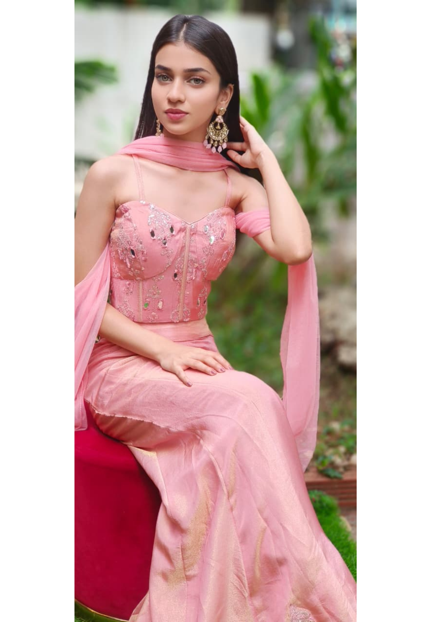Gleam Blossom Real Mirror Elegance Sleeveless Bustered Top With Panel Loose Palazzo Bottom & Dupatta In Tissue Fabric(DISPATCHING AFTER 25 DAYS ON ORDERS EXCEPT FOR 38 SIZE)