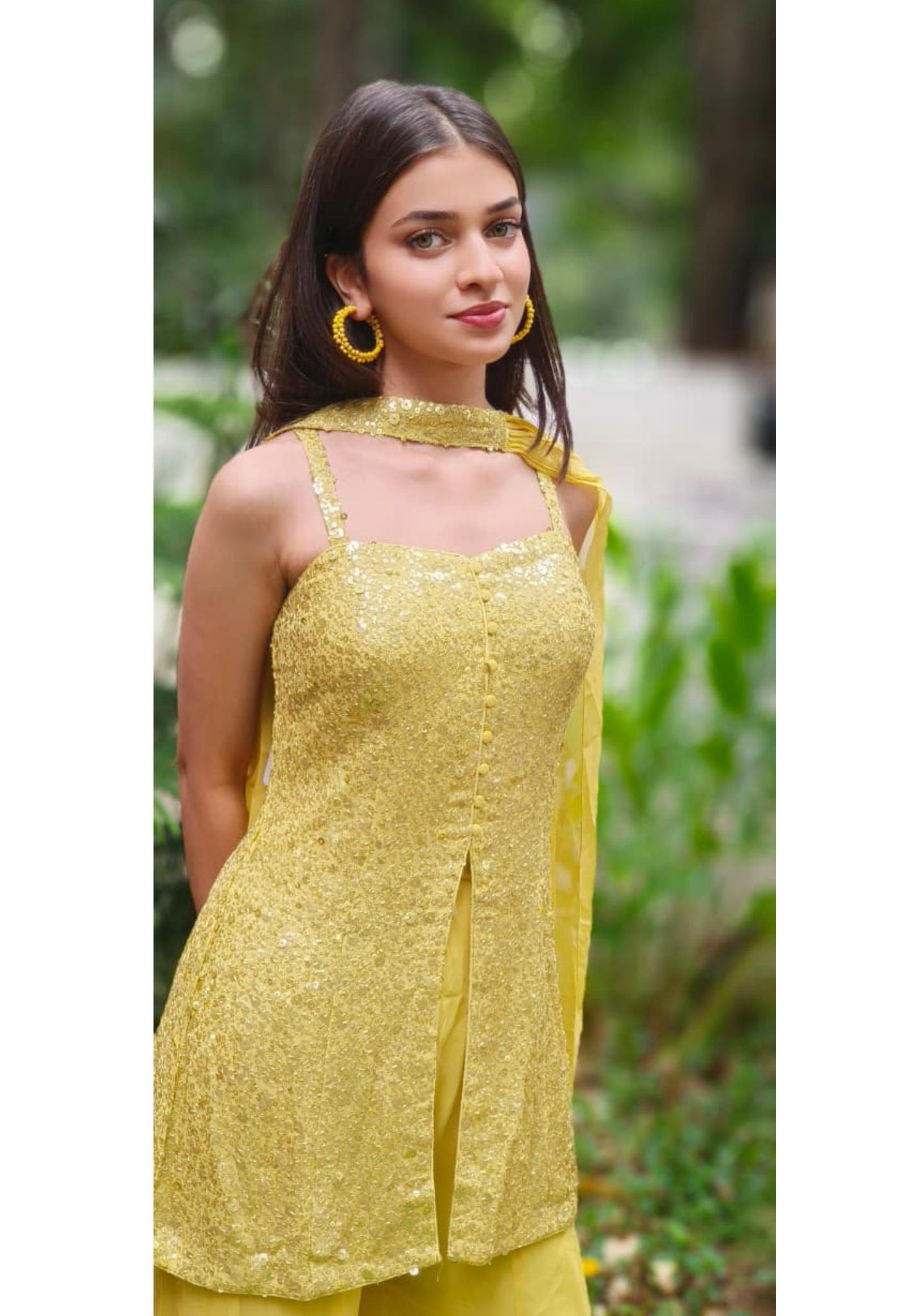 Sequin Work Sunshine Glow Sleeveless Short Kurta With Front Slit & Loose Palazzo Flared Bottom & Dupatta (DISPATCHING AFTER 25 DAYS ON ORDERS EXCEPT FOR 38 SIZE)