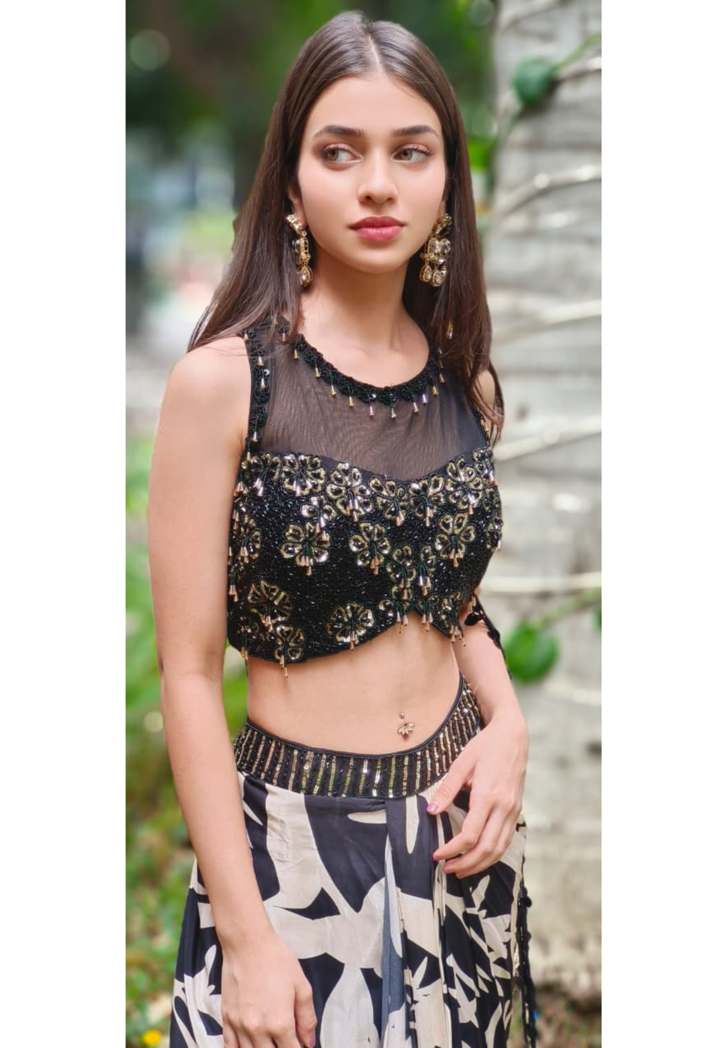 Dazzle Bloom Floral Cut-Dana Crystal Tassel Hang Crop-Top With Drape Skirt In Crepe Fabric (DISPATCHING AFTER 25 DAYS ON ORDERS EXCEPT FOR 38 SIZE)