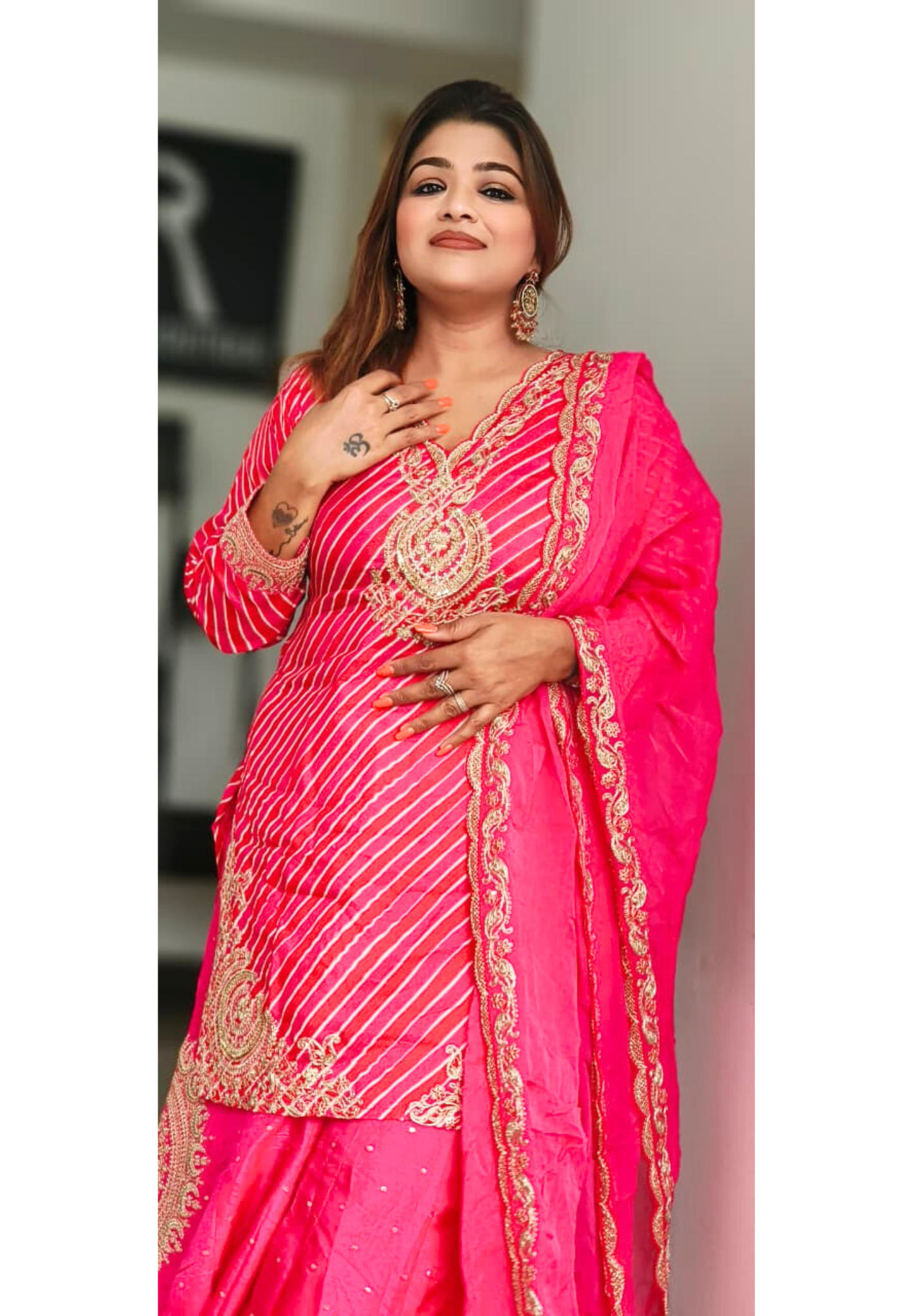 Zari Embroidered Leheriya Full Suit Set With Bordered Dupatta & Beautifully Worked Flared Panel Palazzo Bottom In HO Silk Fabric- 11459