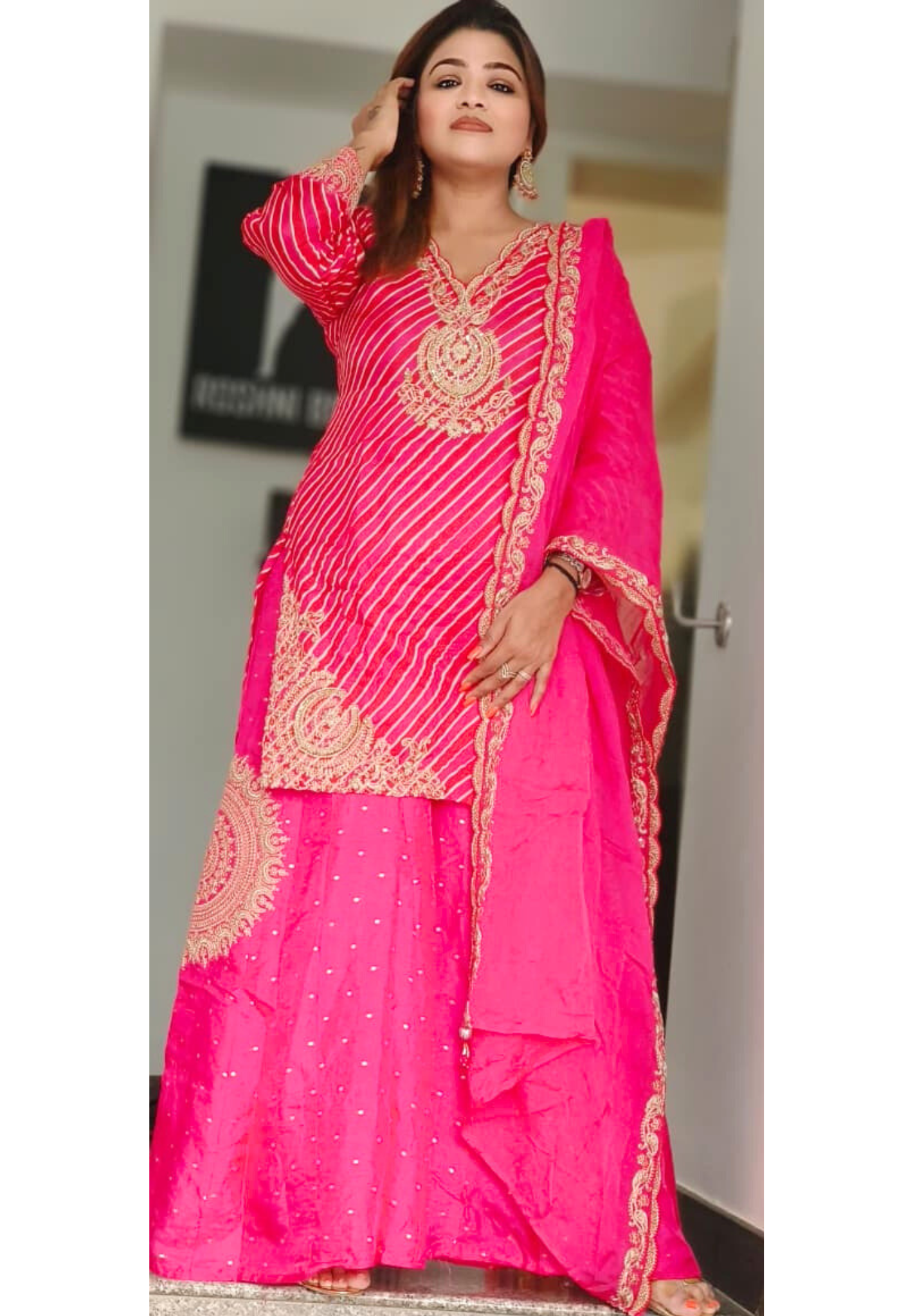 Zari Embroidered Leheriya Full Suit Set With Bordered Dupatta & Beautifully Worked Flared Panel Palazzo Bottom In HO Silk Fabric- 11459