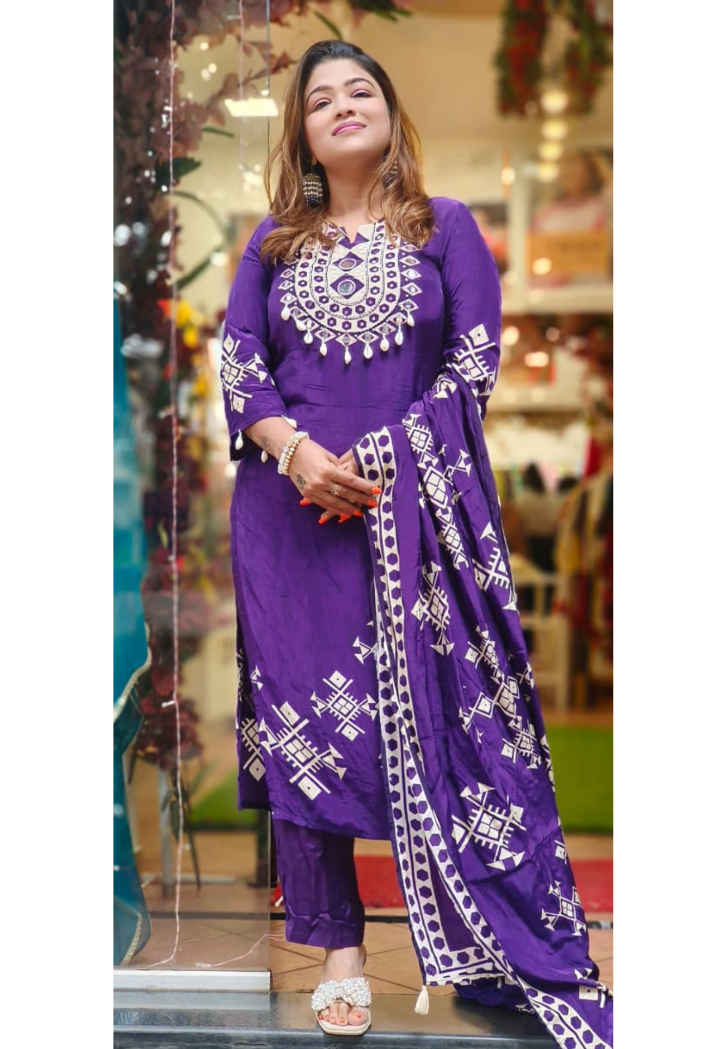 Real Mirror Shell Tassel Printed Full Suit Set With Dupatta In Pure Crepe Fabric (LEAN FIT)- 11547