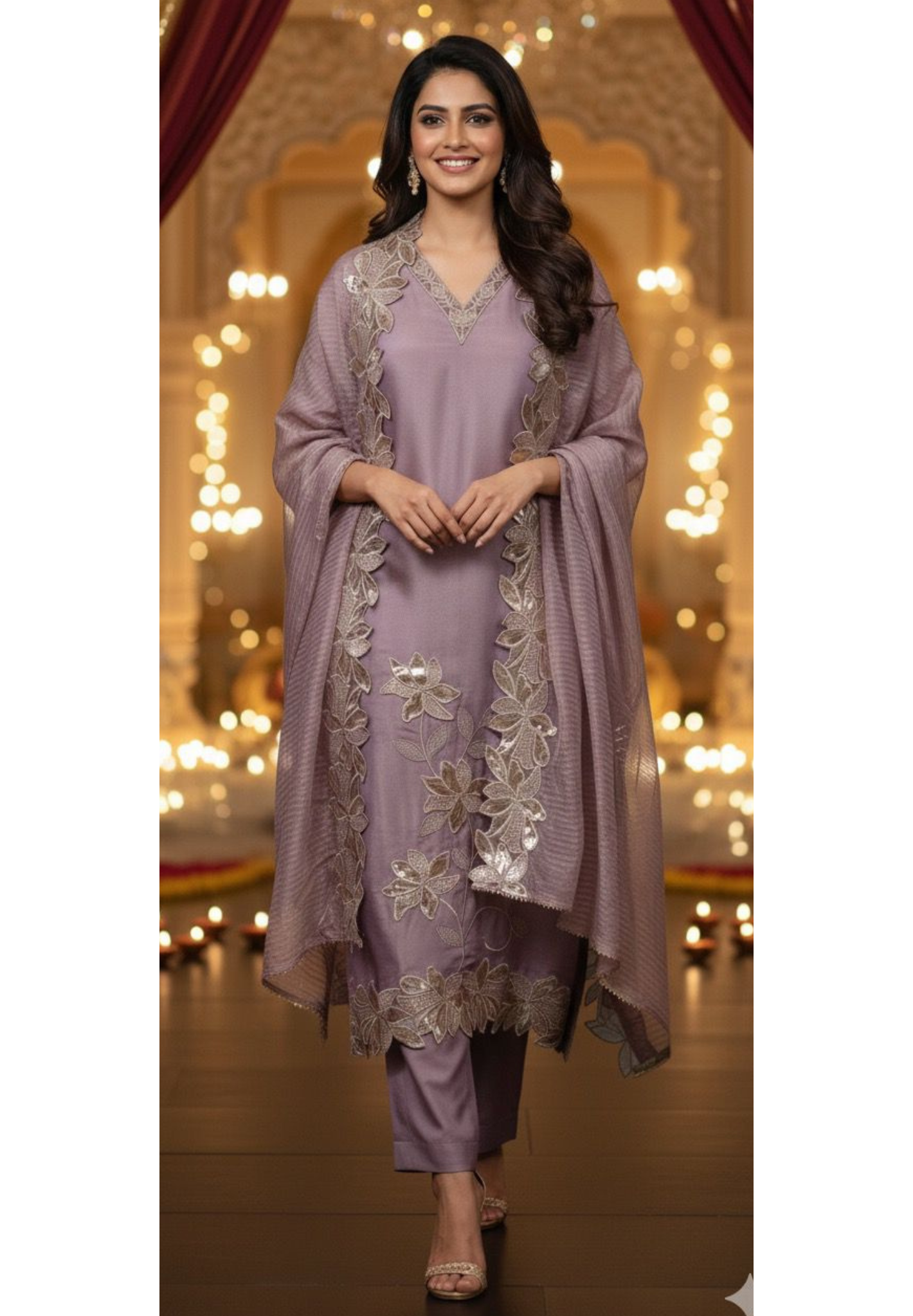 Graceful Leather Flower Work Shimmery Full Suit Set With Cut Work Dupatta In Tissue Fabric- 11666