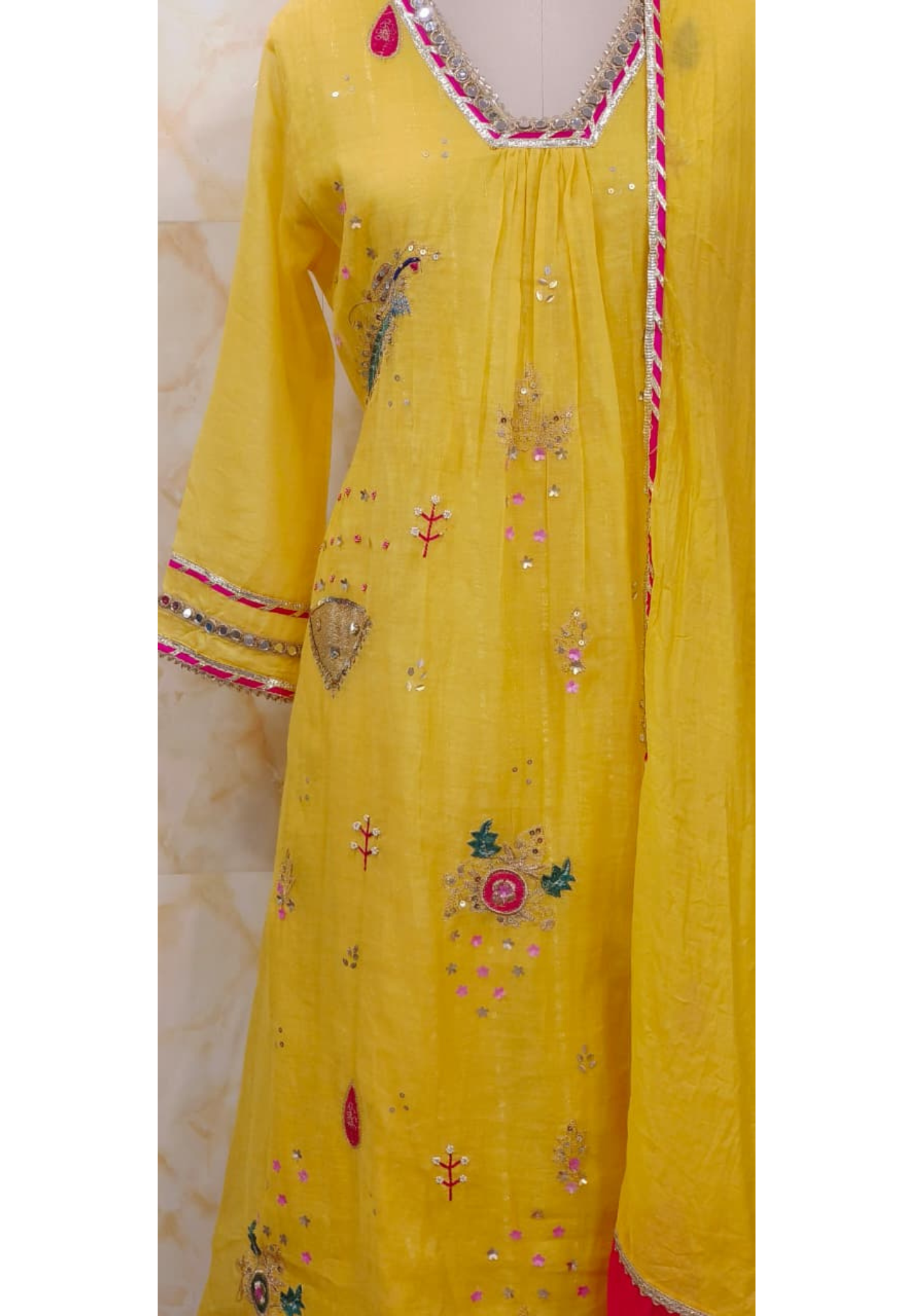 Beautiful Real Mirror V-Neck Embroidered Full Suit Set With Dupatta In Mul Chanderi Fabric- 10795, 10796